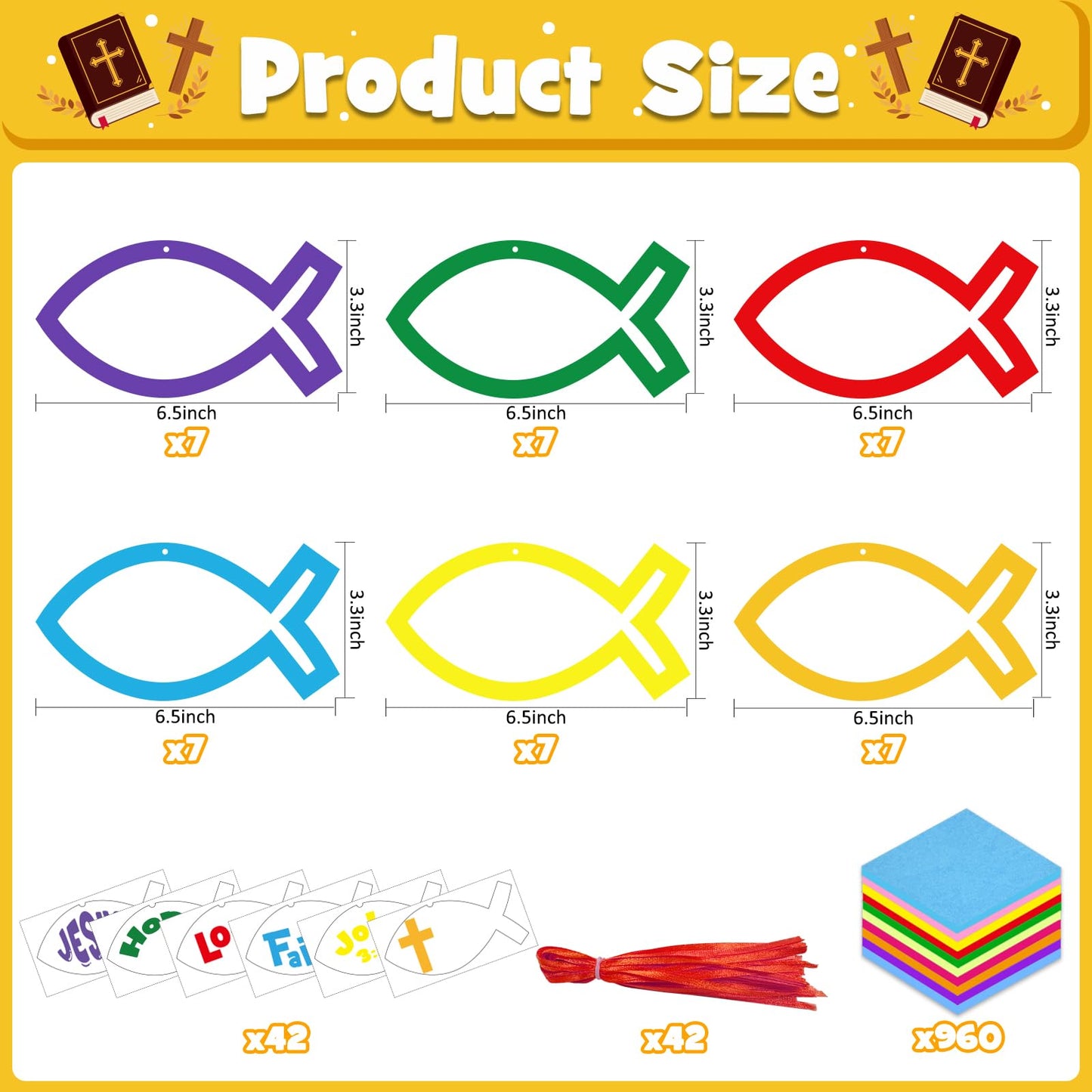 42 Packs Faith Fish Suncatchers Crafts for Kids, Christian Jesus Fish DIY Religious Cross Tissue Paper Sign Art Craft Kit for VBS Sunday School Home Classroom Church Bible Activities Party Decor