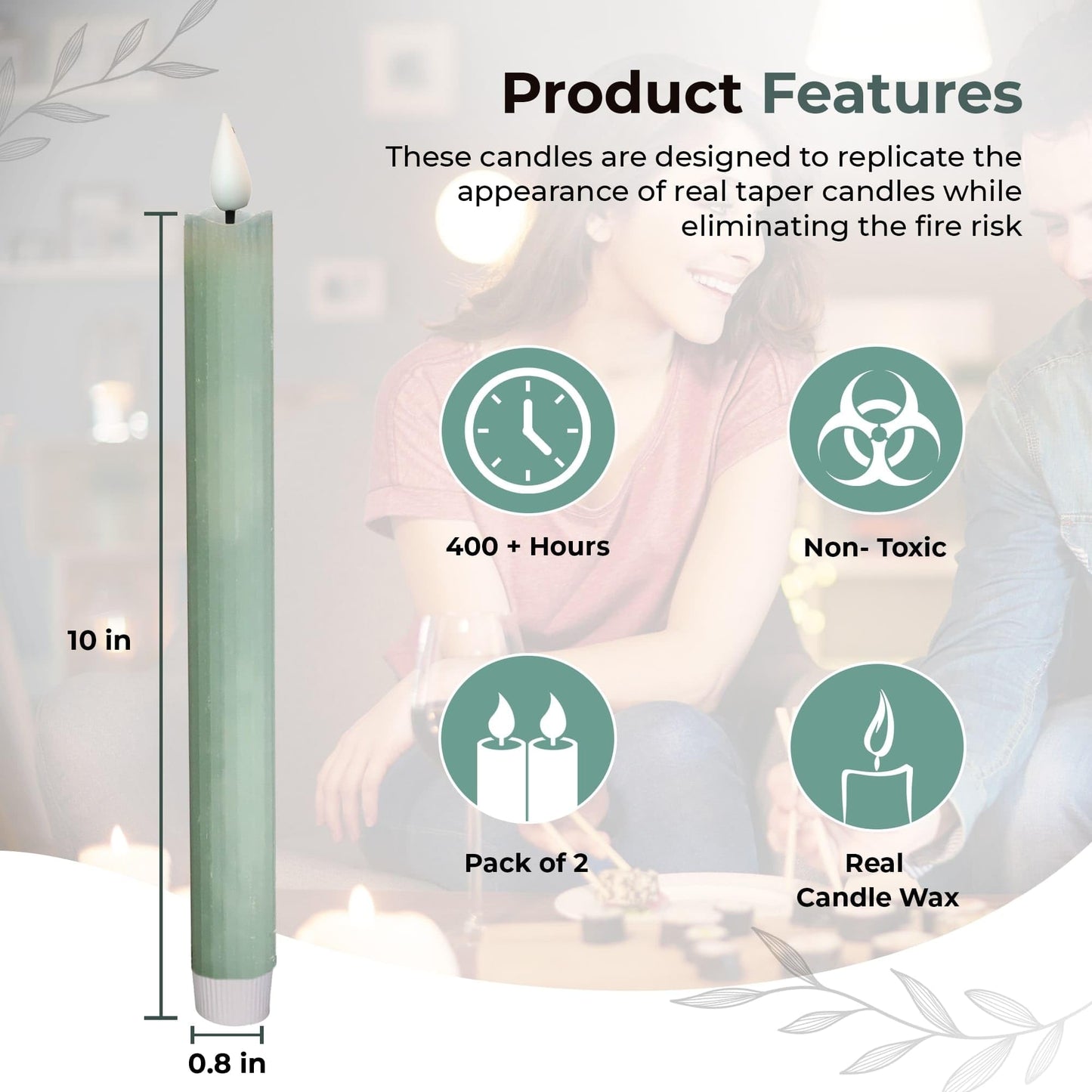 comforder Flameless Taper Candles – Flickering LED Flame with 6H Timer – Real Wax, Ribbed Design – Battery Operated Set of 2 – 10" Tall (Eucalyptus Green)"