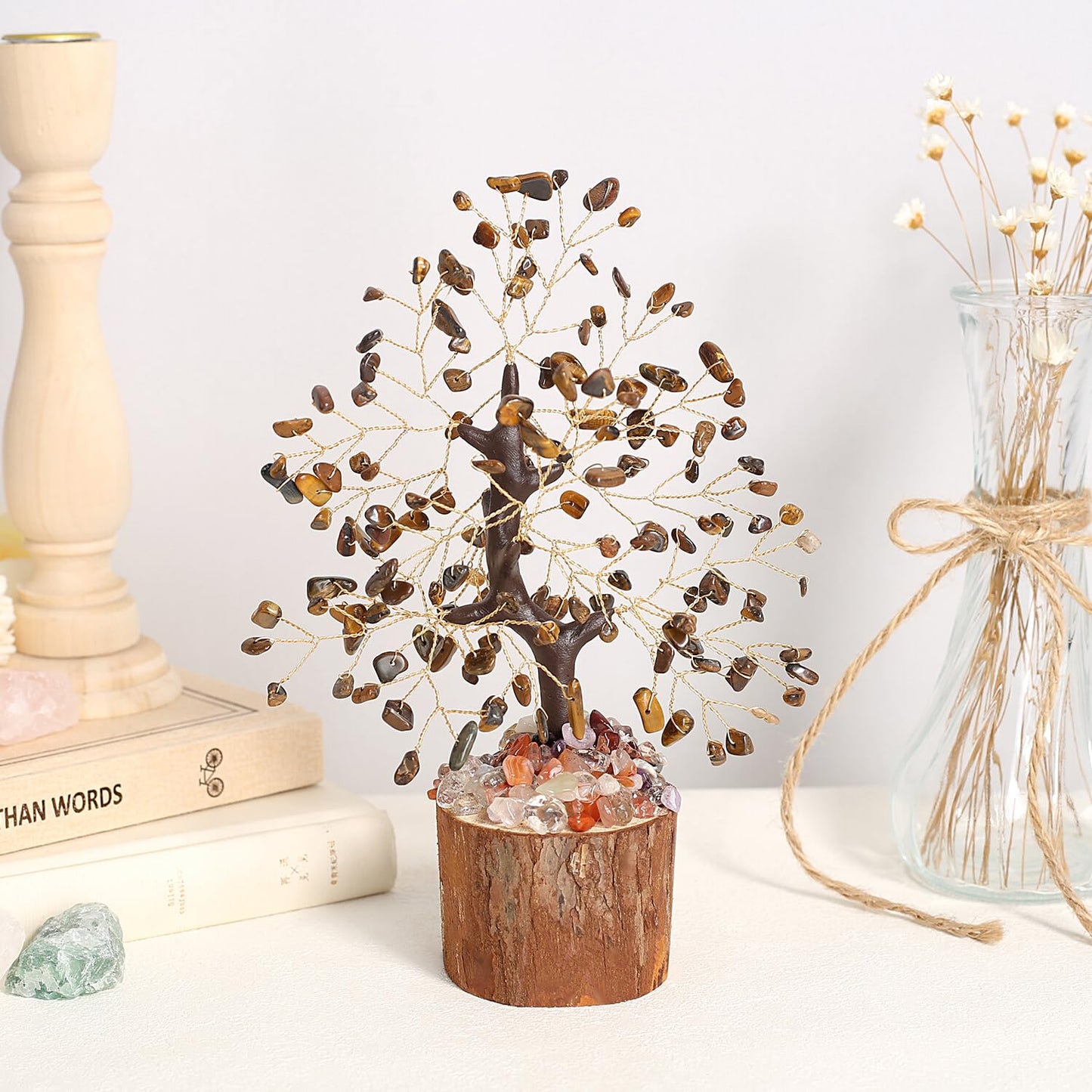 QINJIEJIE Tiger Eye Crystal Tree of Life Decor Tiger Eye Stone Healing Gifts Gemstones Tree Spiritual Crystal Gifts for Room Office Desk Decor New Home House Warming Gift Unique