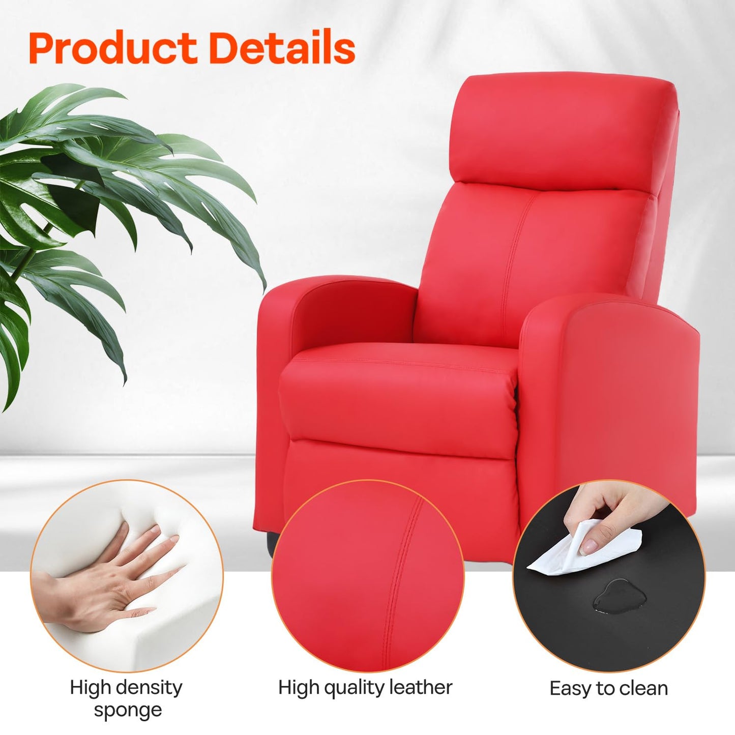 Dopinmin Recliner Chair PU Leather Massage Single Sofa Home Theater Seating Breathable Padded Reading Sofa with Footrest for Bedroom Living Room,Red