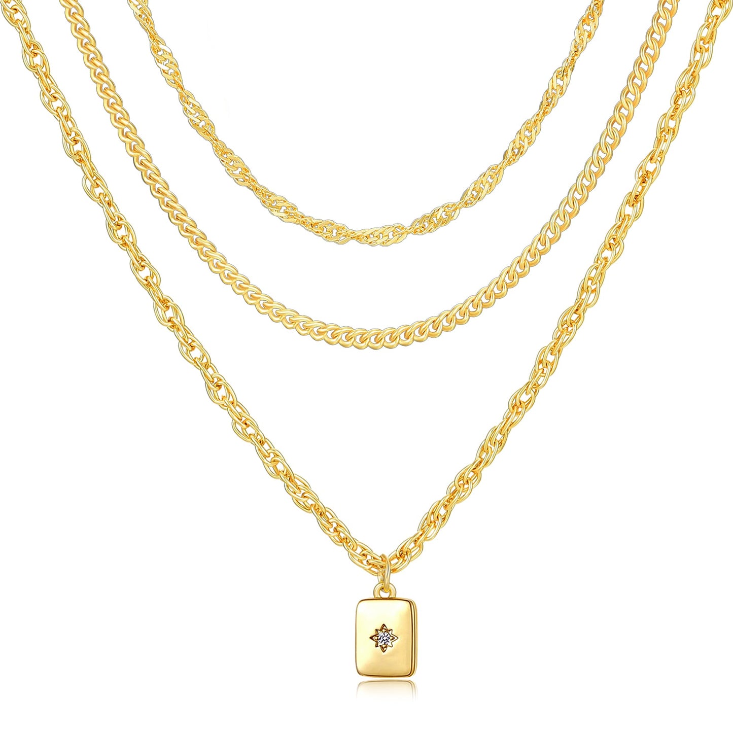 YEEZII Layered Gold Necklaces for Women Trendy, 3 Pcs 14K Gold Plated Choker Paperclip Box Chain Necklace, Stackable Women's Gold Pendant Necklaces Jewelry Set (Yellow Gold)