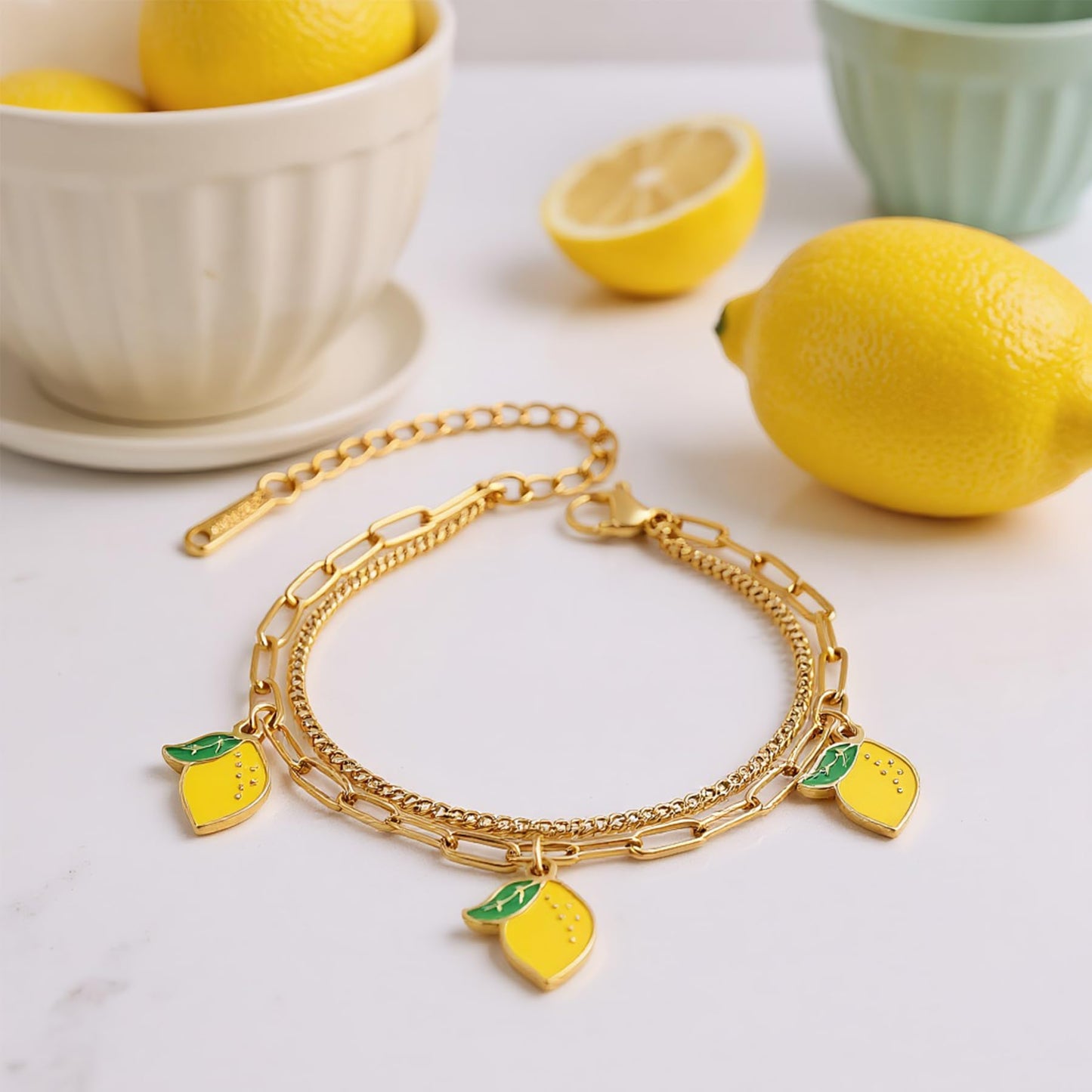 LCTrusttmor Gahna Summer Jewelry Gifts for Women, 18K Gold Plated Lemon Bracelet with Fruit Charms, Dainty Layered Chain Link Adjustable Bracelets Gift for Her