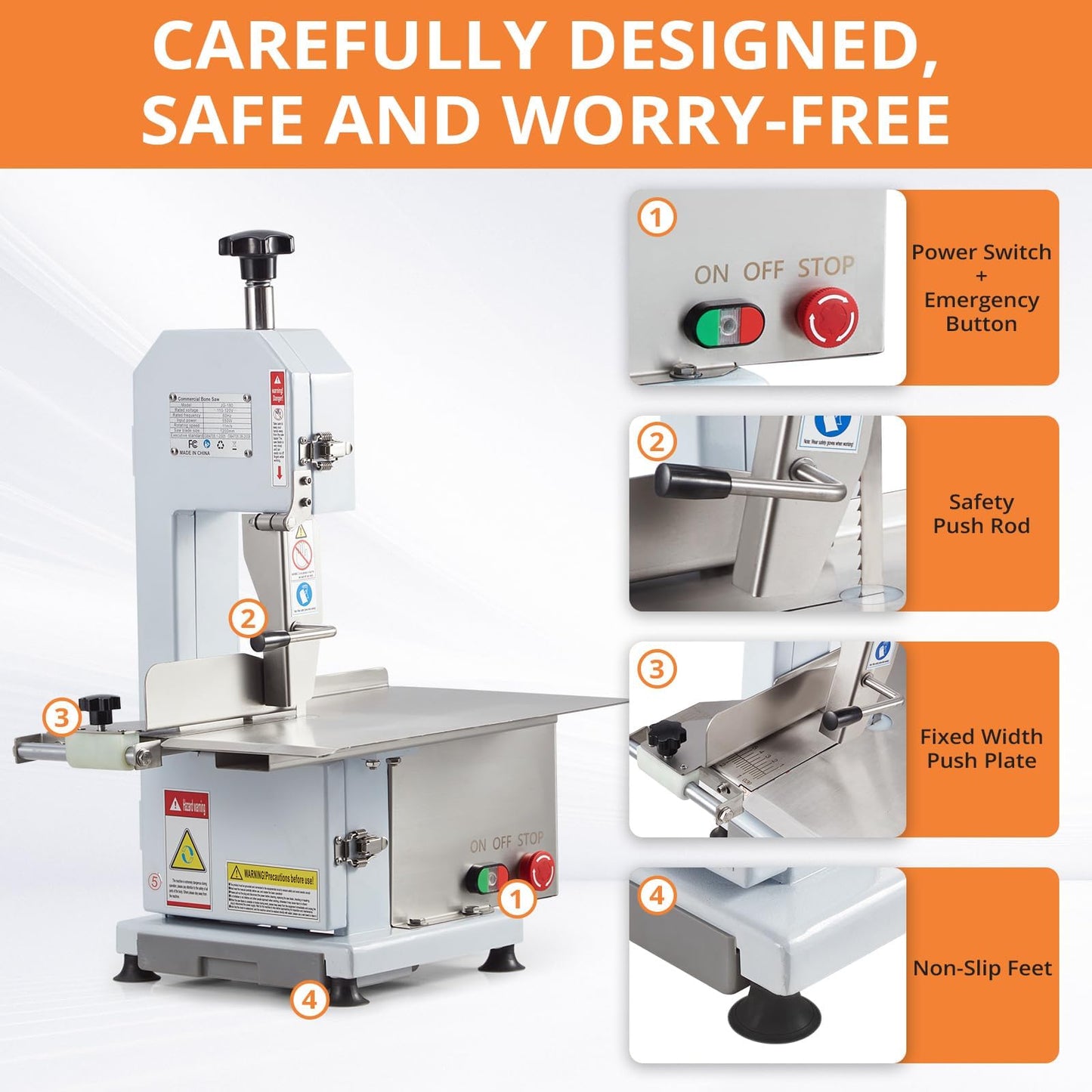 Bone Saw for Butchering, 550w Commercial Bandsaw Machine, Heavy-Duty Electric Meat Saw with 6 Blades, Cuts Up to 5.7 Inches Thick, Rustproof 19.3"x12.4" Table, for Frozen Beef, Pork & Chicken