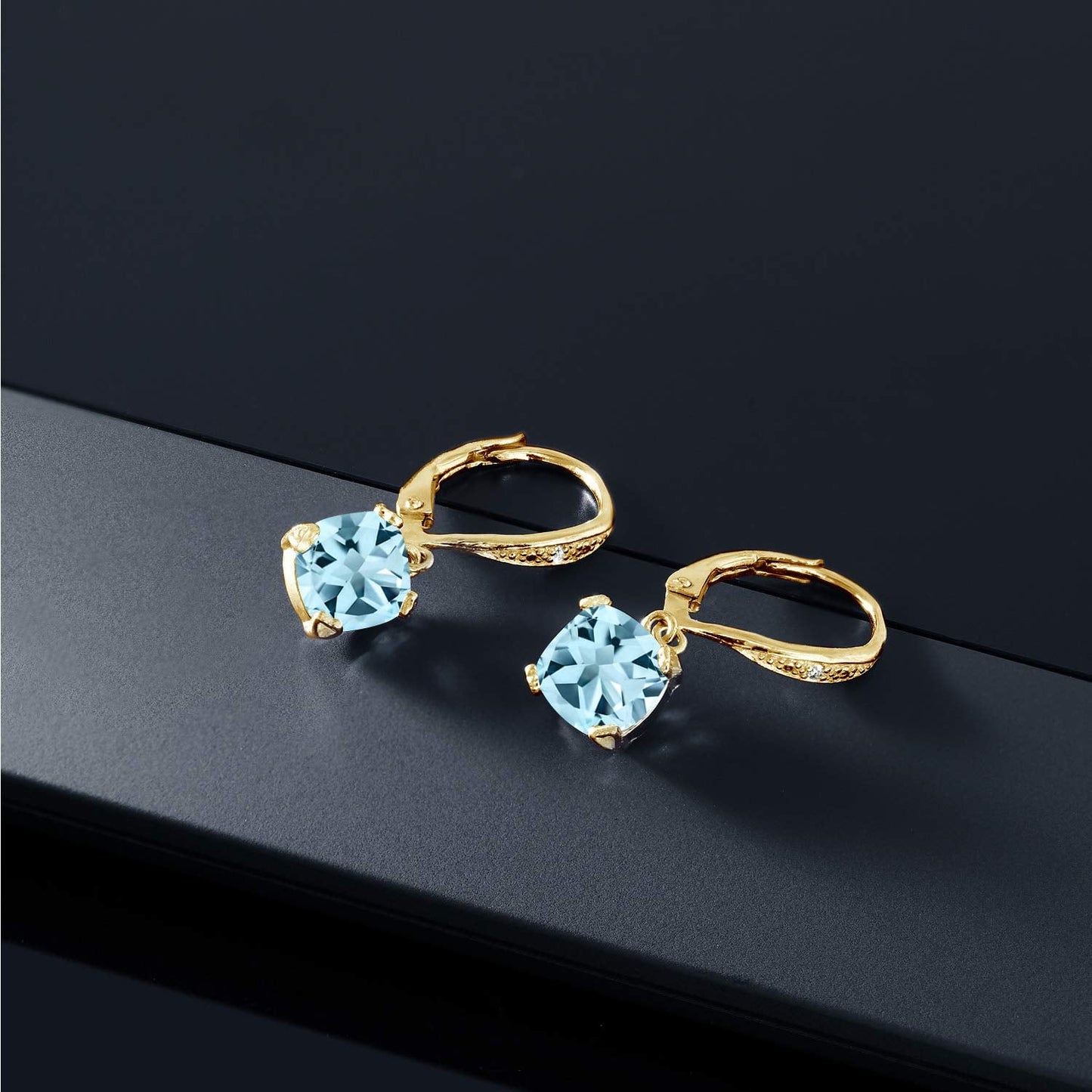 Gem Stone King Drop Dangle Earrings For Women | 7MM Cushion Cut Gemstone Birthstone and Diamond | 925 Sterling Silver | Jewelry Gift for Mom Wife Her | Sky Blue Topaz-November | Yellow Gold