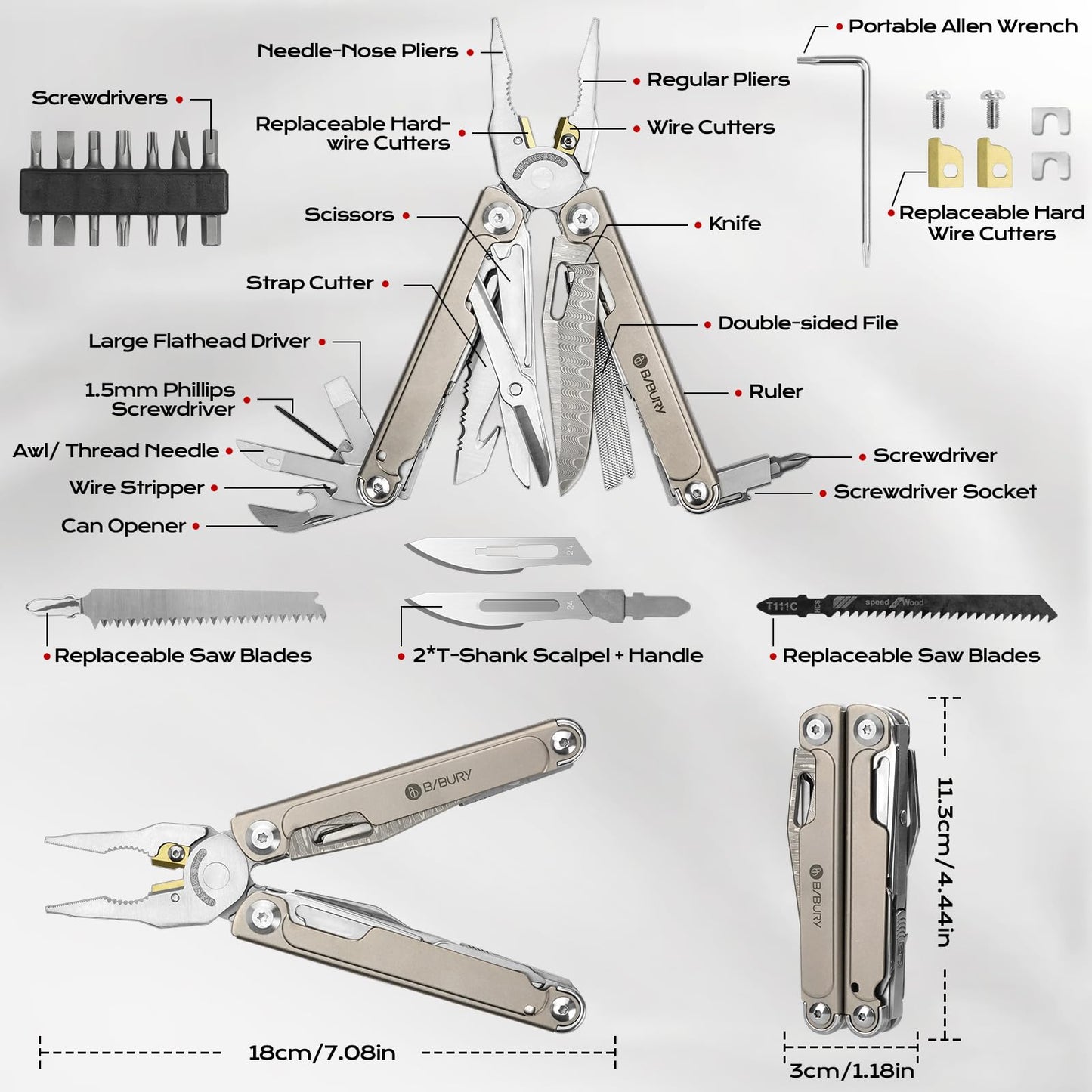 BIBURY Titanium Alloy Multitool with Damascus Knife, EDC Multi tools with Replaceable Wire Cutters, Scissors, Screwdriver Bits, Titanium Handle Multi-Tool for Camping, Survival, Repair - BI2049TI