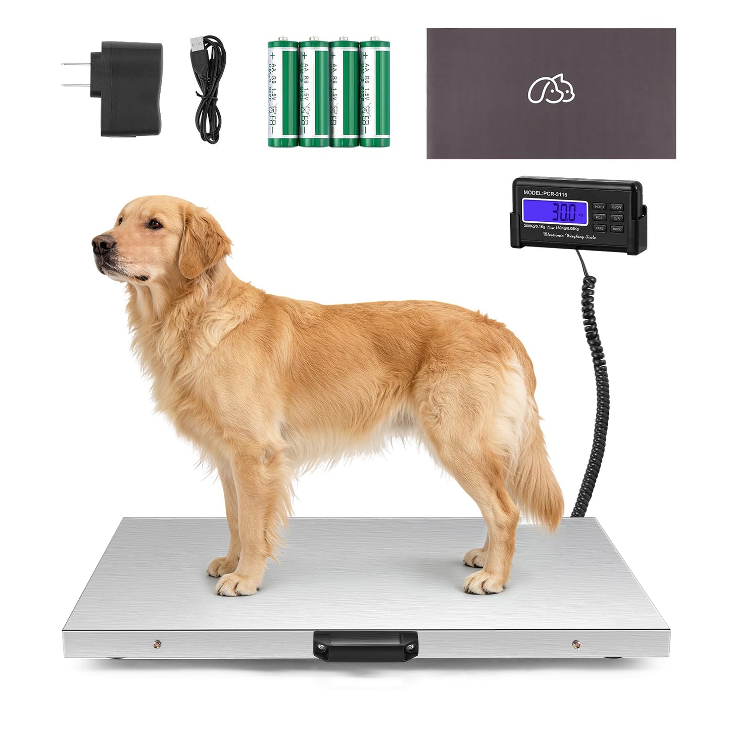 Bonvoisin Dog Scale for Large Breed, 660 x 0.2 lbs Livestock Scale, Shipping Postal Scale with Large Stainless Platform 31.4” x 20.8”, Vet Scale with Rubber Mat