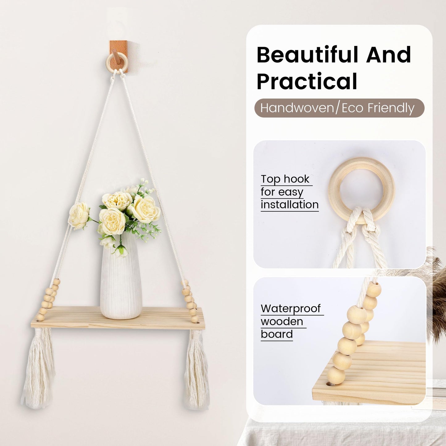 Chissen Bohe 2 Pack Wooden Wall Hanging Shelves, Macrame Plant Wall Shelf with Tassel, Storage Floating Shelves for Books Photos,Wall Shelves for Living Room,Bedroom, Handmade Stand Holder Home Decor