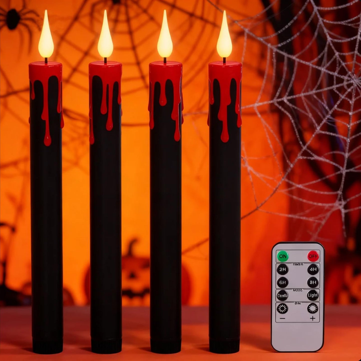 Eldnacele LED Flameless Taper Candles Battery Operated with Remote and Timer 3D Wick Flickering Blood Dripping Halloween Dinner Spooky Horror Home Decoration Set of 4 Black Candles, 0.78" x 8.9"""