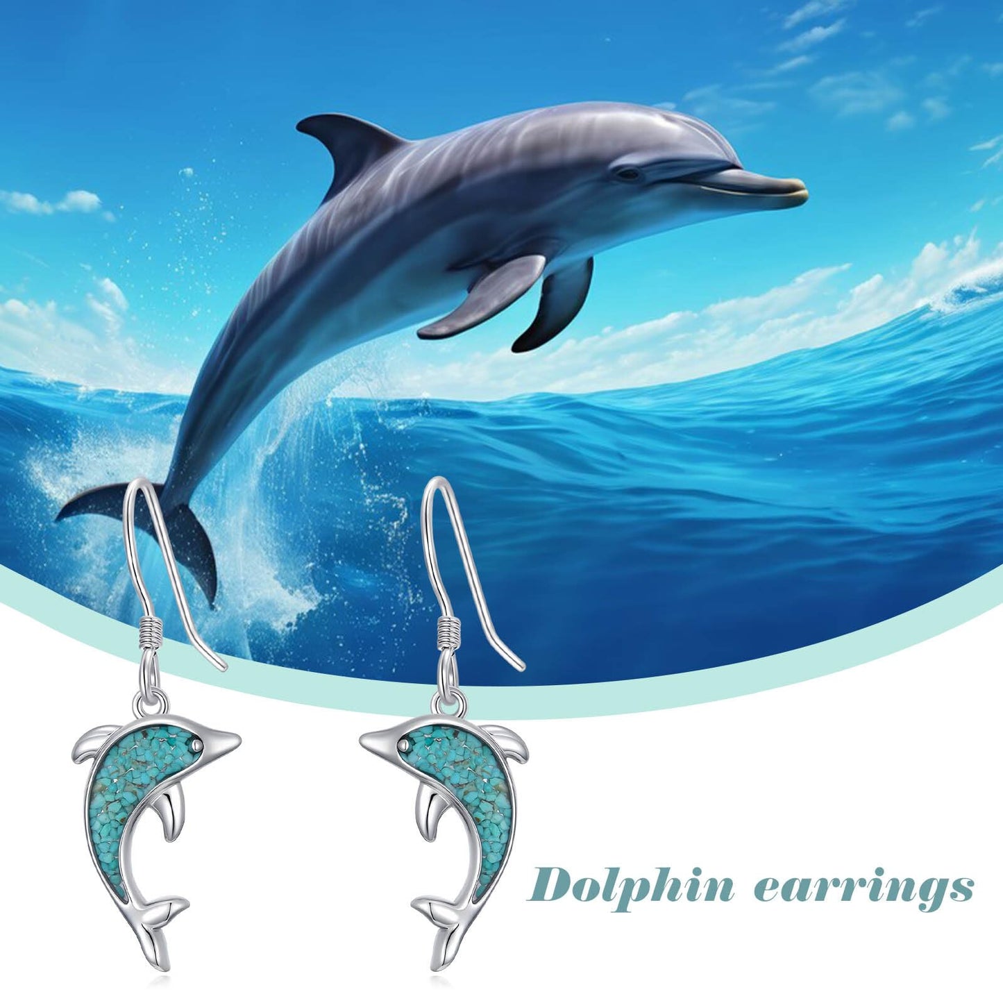 HPQQ Dolphin Earrings 925 Sterling Silver Turquoise Dolphin Dangle Earrings Ocean Beach Themed Jewelry Mother's Day Jewelry Gifts for Women