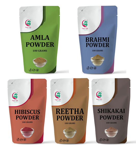 Herbal Hair Care Combo Pack (3.5oz Each, 500g), Pack of 5 Hair Mask with Ayurvedic Powders, Amla, Reetha, Shikakai, Brahmi, Hibiscus for Hair Growth, 17.65oz By Yogi's Gift®