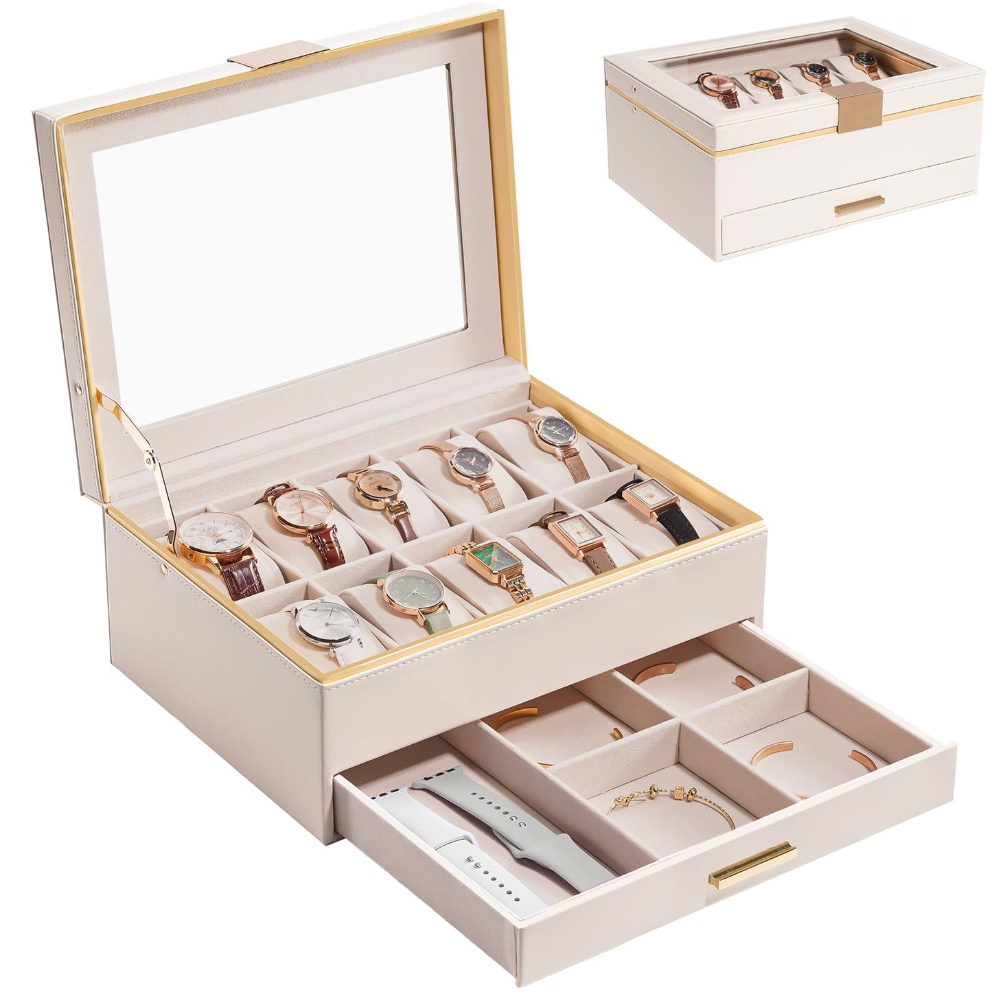 ProCase Watch Case for Women, Valentine Gifts, 10 Slot Watch Display Case with Drawer, 2-Layer Womens Watch Box, 10 Watch Box Organizer, Jewelry and Watch Holder Storage Case with Glass Lid -Beige