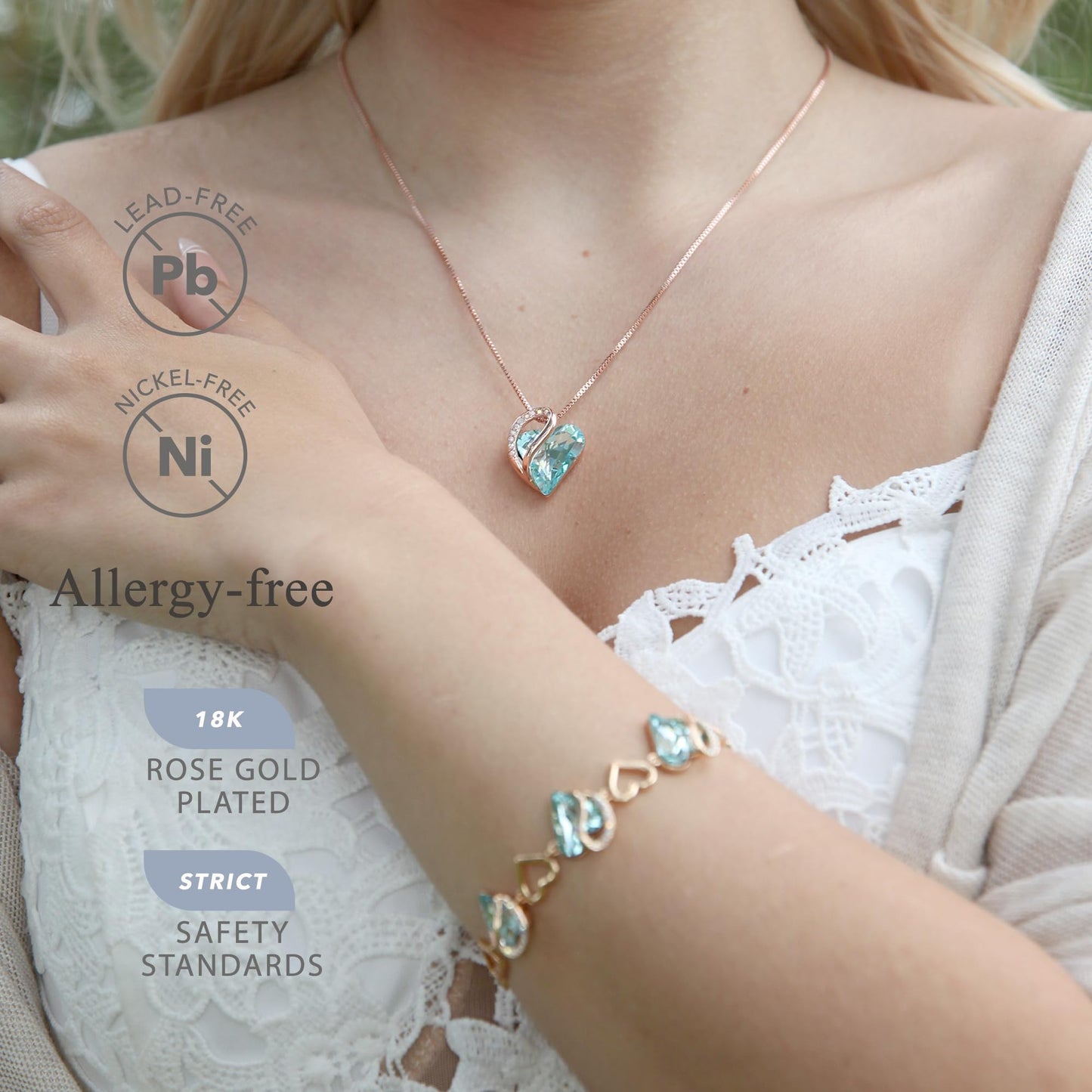 Leafael Gifts for Women Rose Gold Plated Necklaces: Heart Light Blue Crystal, March Birthstone, Hypoallergenic Chain (18"+2"), Birthday Jewelry for Mom, Wife, and Girlfriend