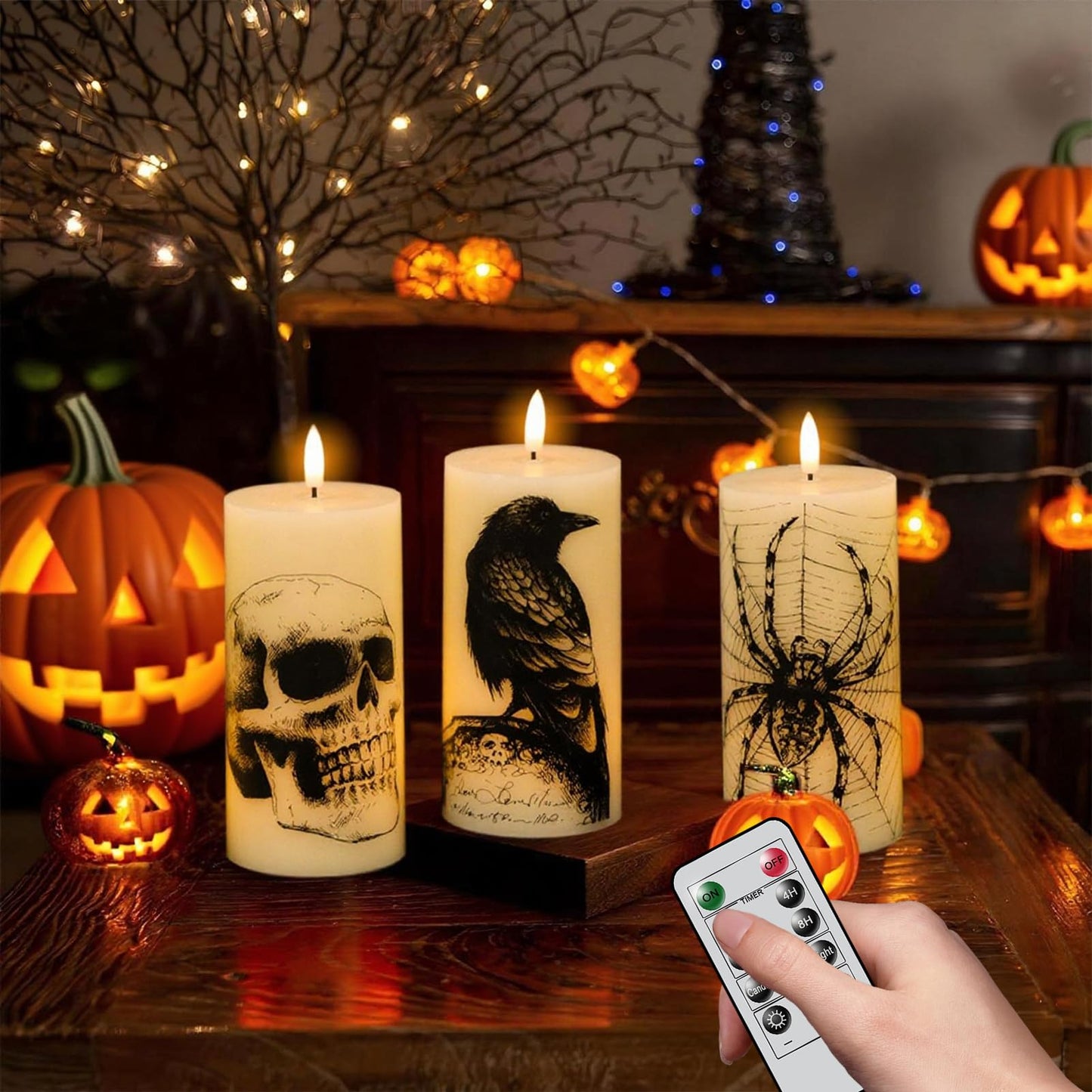 DRomance Halloween Flameless Candles Battery Operated with Remote and Timer, Real Wax 3D Wick LED Flickering Pillar Candles Skull Crow Spider Web Decals Dinner Halloween Decor(3 Pack, 3" D x 6"" H)"