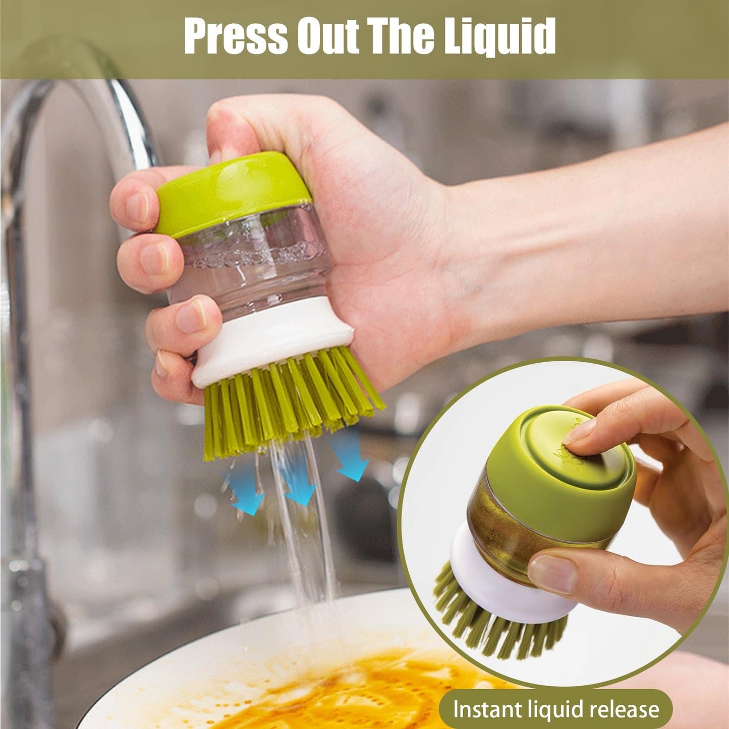 UGWkivd Soap Dispenser Dish Brush Palm Brush Scrub Brush Equipped with Storage Bracket and Drainage Base,Easy to Clean Kitchen Utensils and Sink, Includes a Replaceable Brush（Green）