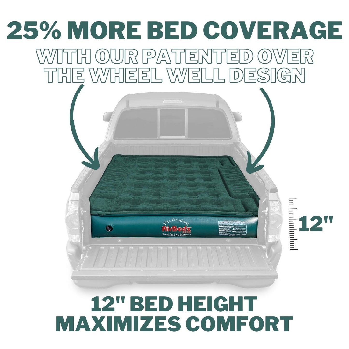 AirBedz by Pittman Outdoors - Lite Full Size Short Truck Bed Air Mattress, Green - 6-6.5' Long, with Portable DC Air Pump