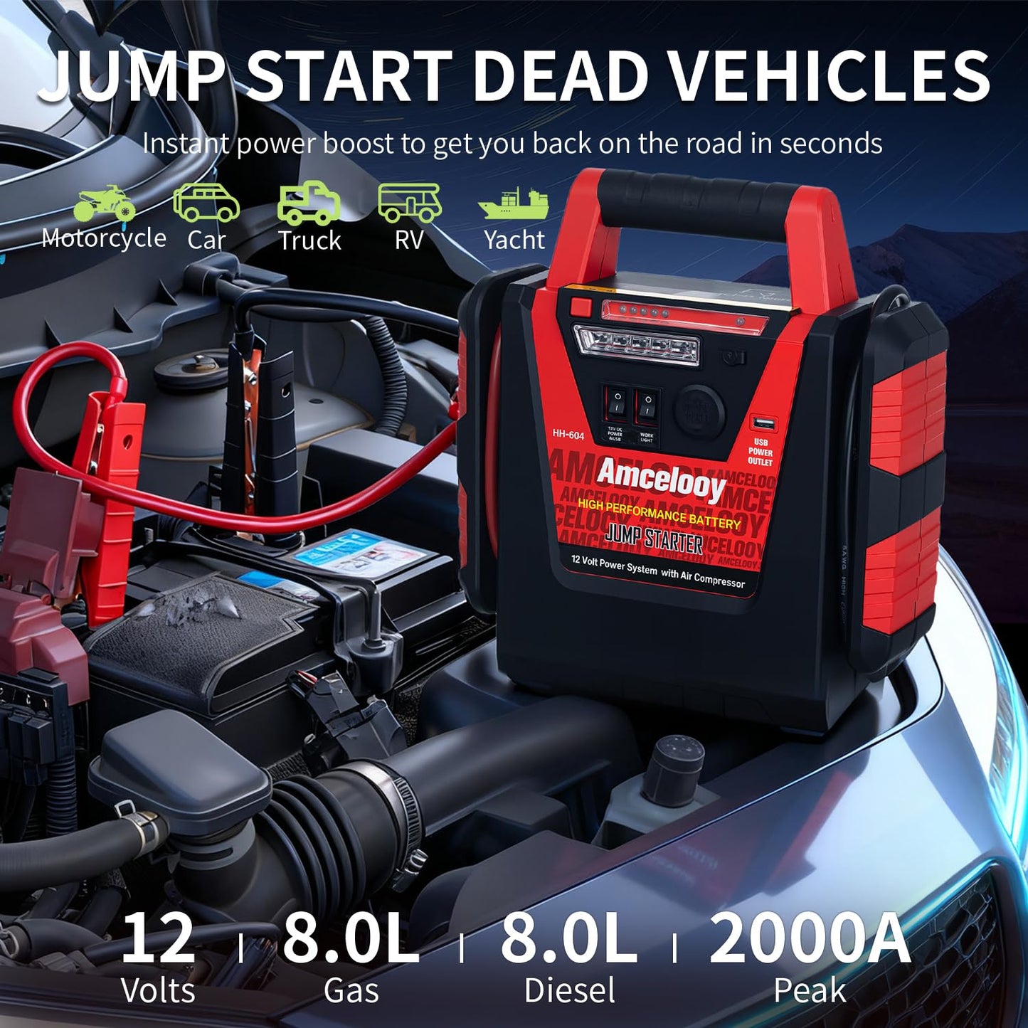 2000A Jump Starter with Air Compressor - Amcelooy Car Battery Jump Starter 260PSI Tire Inflator - Starts 8.0L Gas & 8.0L Diesel - 12V Portable Jump Box with LED Light & USB & DC Ports