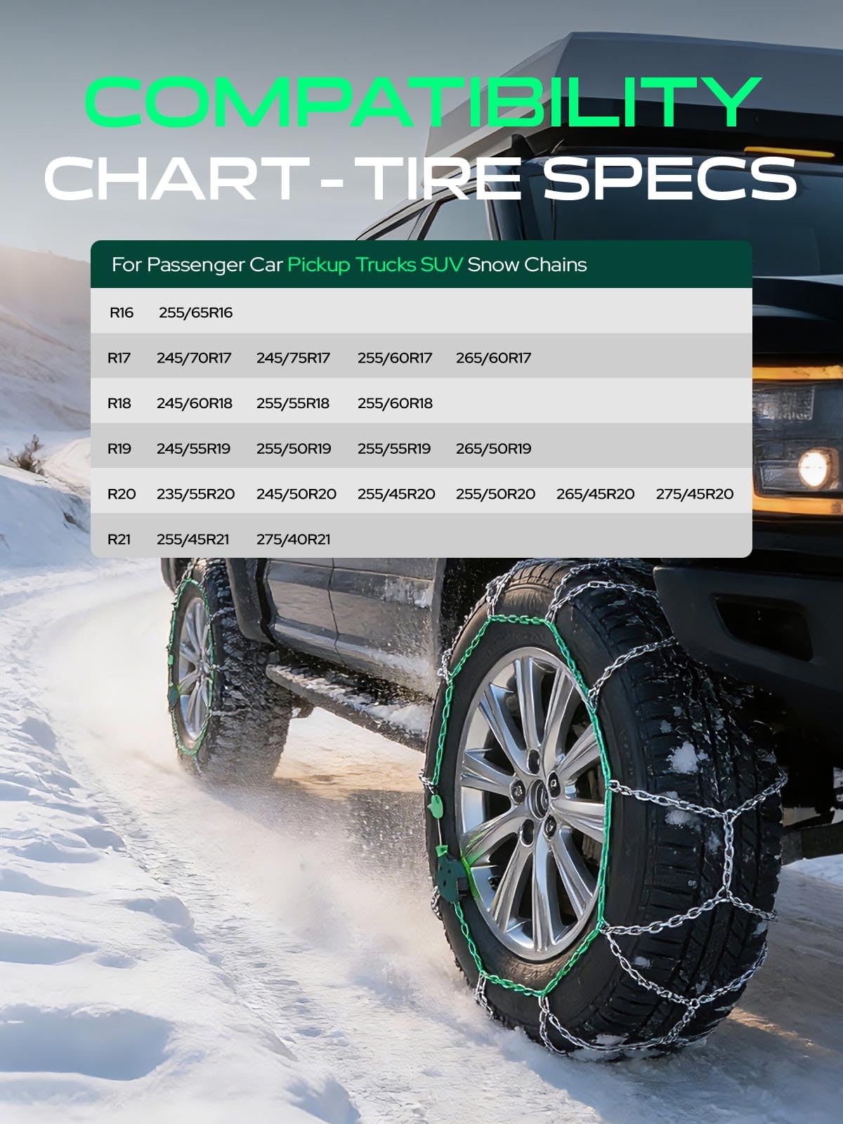 YHTAUTO Set of 2 Snow Chains 16mm for Pickup Truck SUV Passenger Car Universal Fit Tire Chains Auto-Tightening Quick Installation, Anti-slip Traction in Snow, Mud, Sand | SWC0006