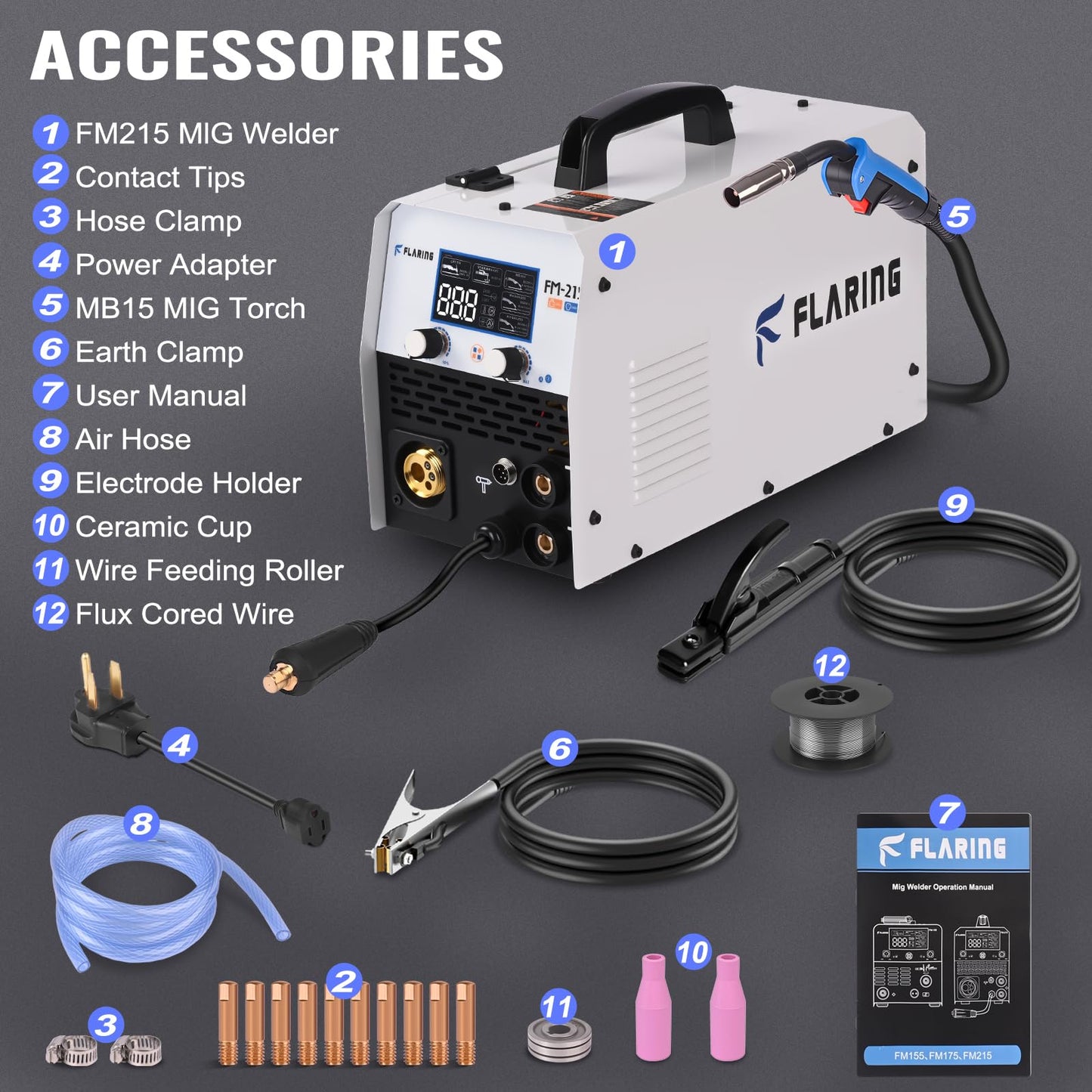 FLARING 215Amp MIG Welder 120V/240V 6 IN 1 Welding Machine Flux Core/Gas MIG/Stick/Lift TIG/Spot welding/Spool Gun Multi-Process Aluminum Welding 2lbs/11lbs Wire Competible LED Display Portable Welder