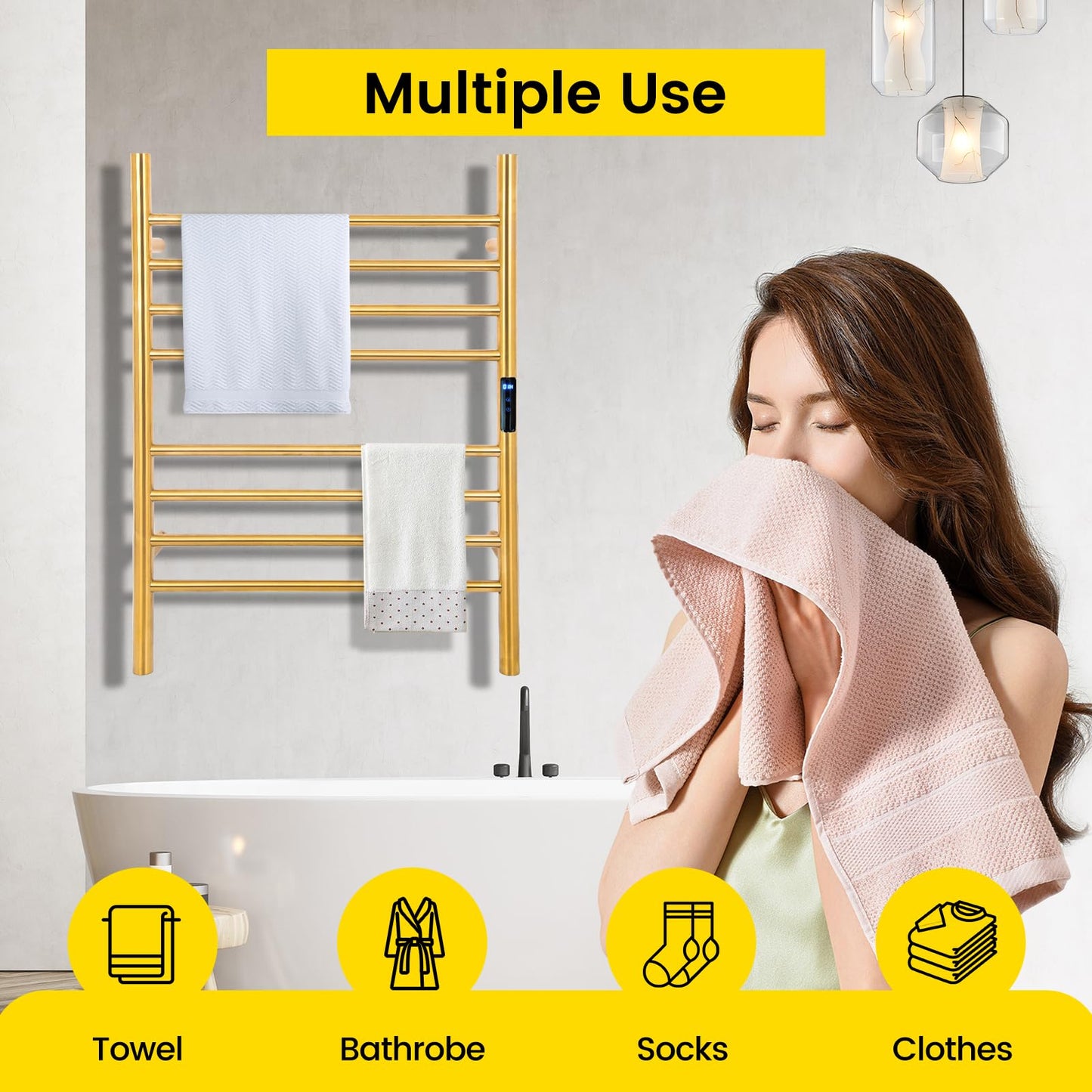 Dawot 8-Bars Gold Heated Towel Rack–23" Wall Mounted Towel Warmer with Timer & Temperature Control, Stainless Steel