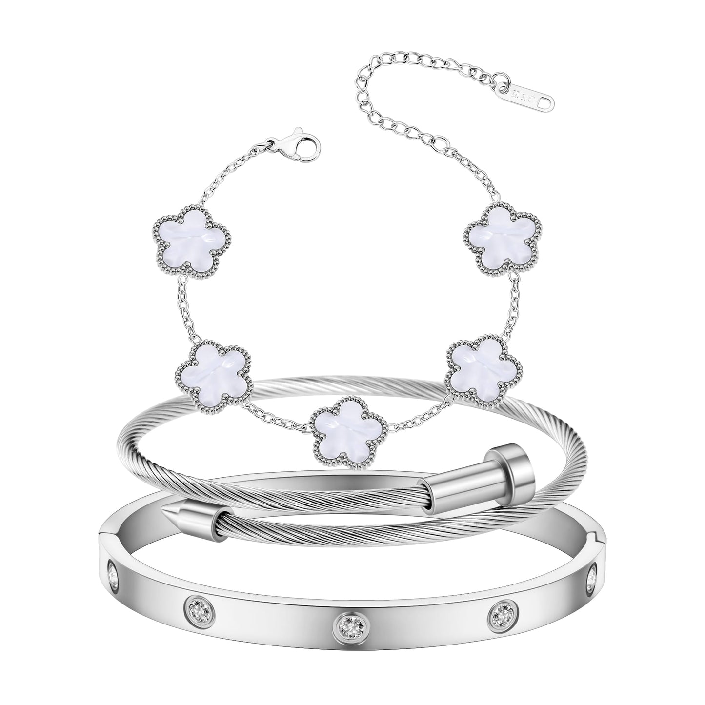 Jade cabbage Gold Bracelets for Women 18K Gold Plated Love Friendship Bracelet With Cubic Zirconia Cuff Bangle Jewelry Set Witness the Gift of Love (Silver 3pcs-A Large 7")