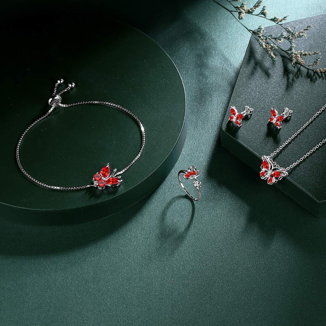 Hipunk Butterfly Red Jewelry Sets Birthstone Women 925 Sterling Silver January-Garnet Birth Stone Animal Butterflies Jewelry Sets/Earring/Ring/Bracelet Set Crystal Birthday Jewelry SS0003J