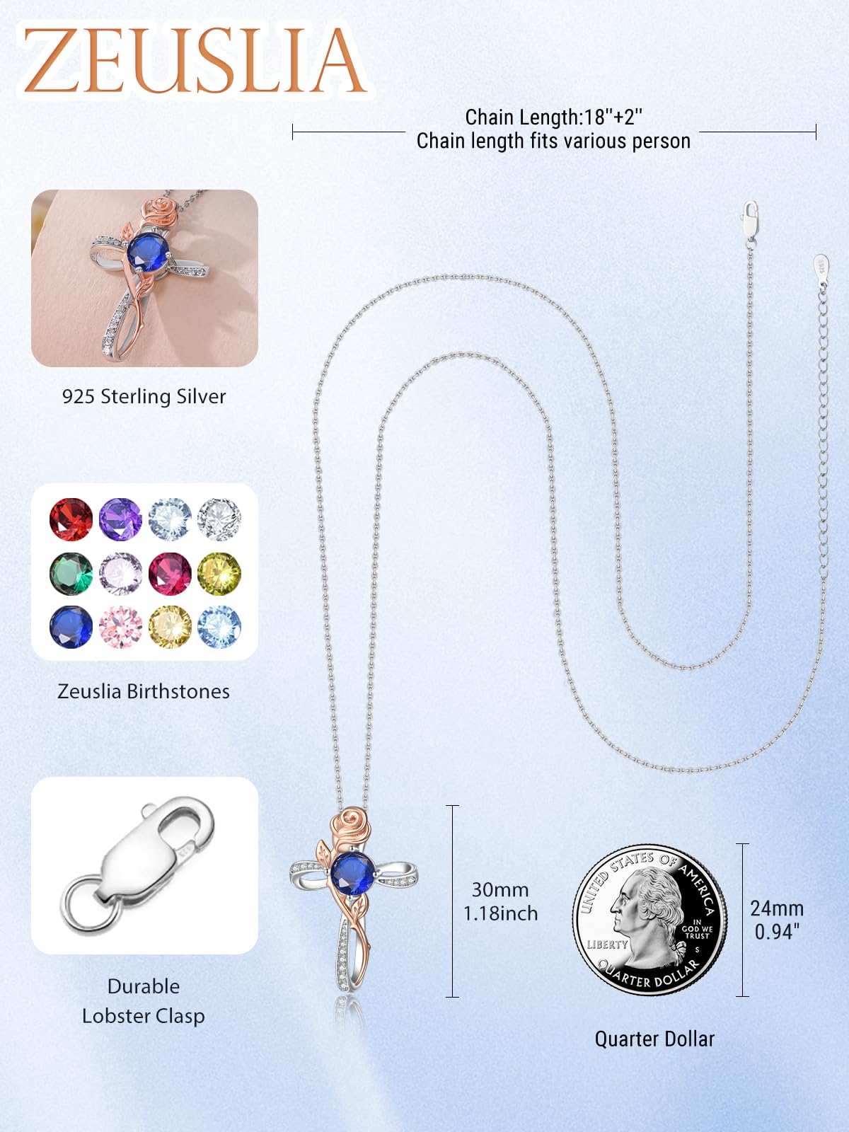 Cross Necklace for Women Sterling Silver Cross Pendant Jewelry with Rose Sapphire September Birthstone Necklace Christian Religious Baptism First Communion Confirmation Birthday Gifts for Women