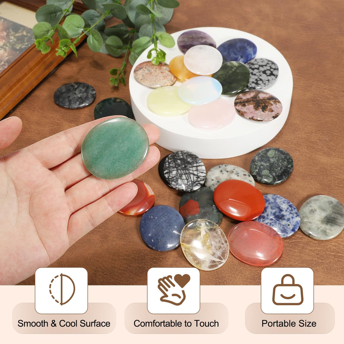MECCANIXITY 2 Pcs Thumb Worry Stone for Anxiety, Alabaster Relief Crystals Hand Thumb Stones Pocket Gems Natural Polished for Yoga Meditation Relief