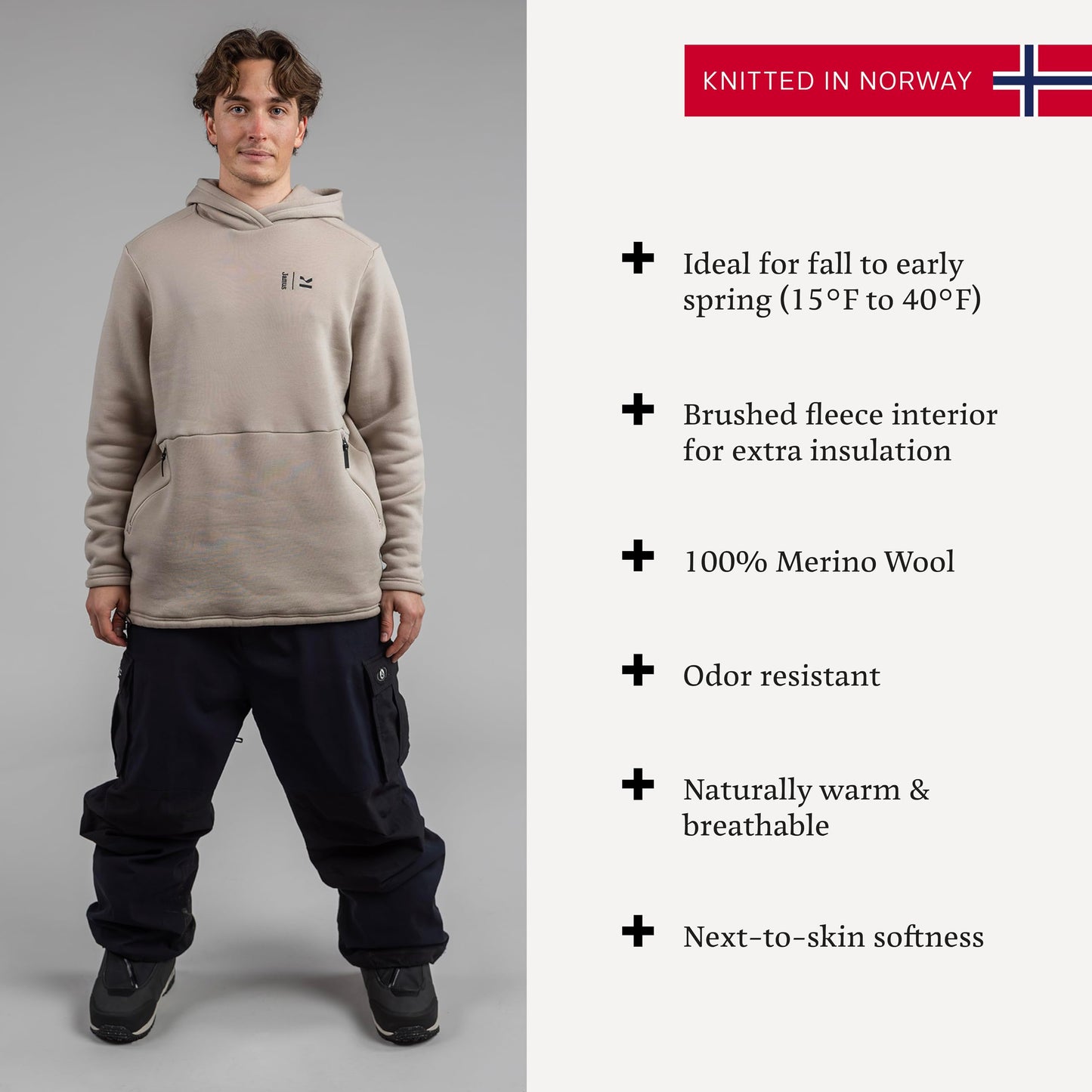 Janus Wool Kleveland Merino Hoodie - 100% Wool Fleece Sweatshirt - Men, Women, Teens - Warm Winter Snowboarding Pullover - Brushed Interior - Adjustable Hem - Kangaroo Pocket - Large Beige