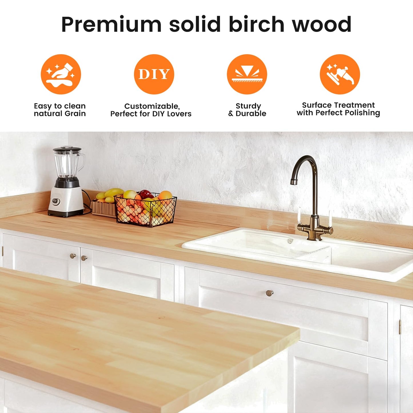 Butcher Block Countertop, Solid Wood Table Top - 4ft Unfinished Birch Work Bench Top Cut to Size for DIY Desktop/Washer Counter/Office Desk/Kitchen Island/Living and Dining Room Tables 48x25x1.5 in