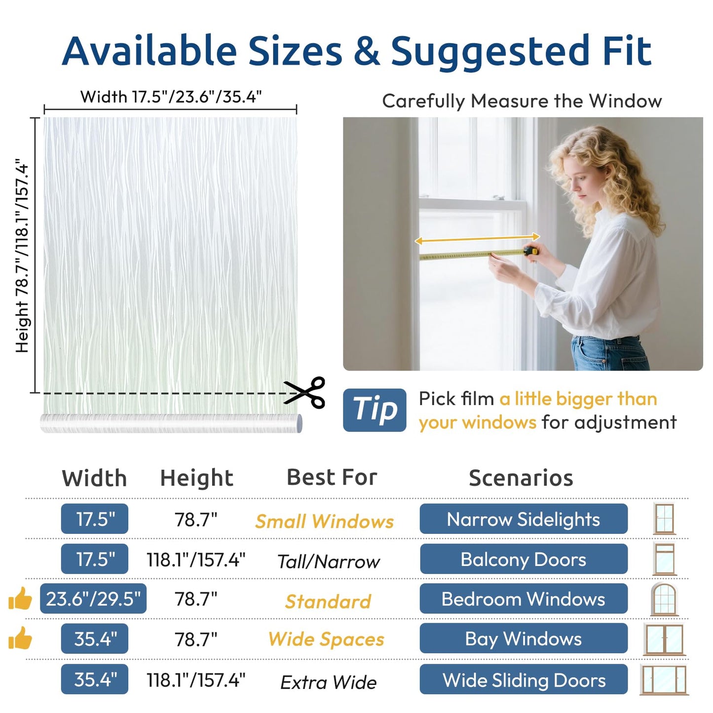 rabbitgoo Window Privacy Film Frosted Glass Film Removable Vinyl Door Coverings UV Blocking Decorative Static Cling Non-Adhesive Window Clings Sticker for Home Decor, 23.6 x 118.1 Inches