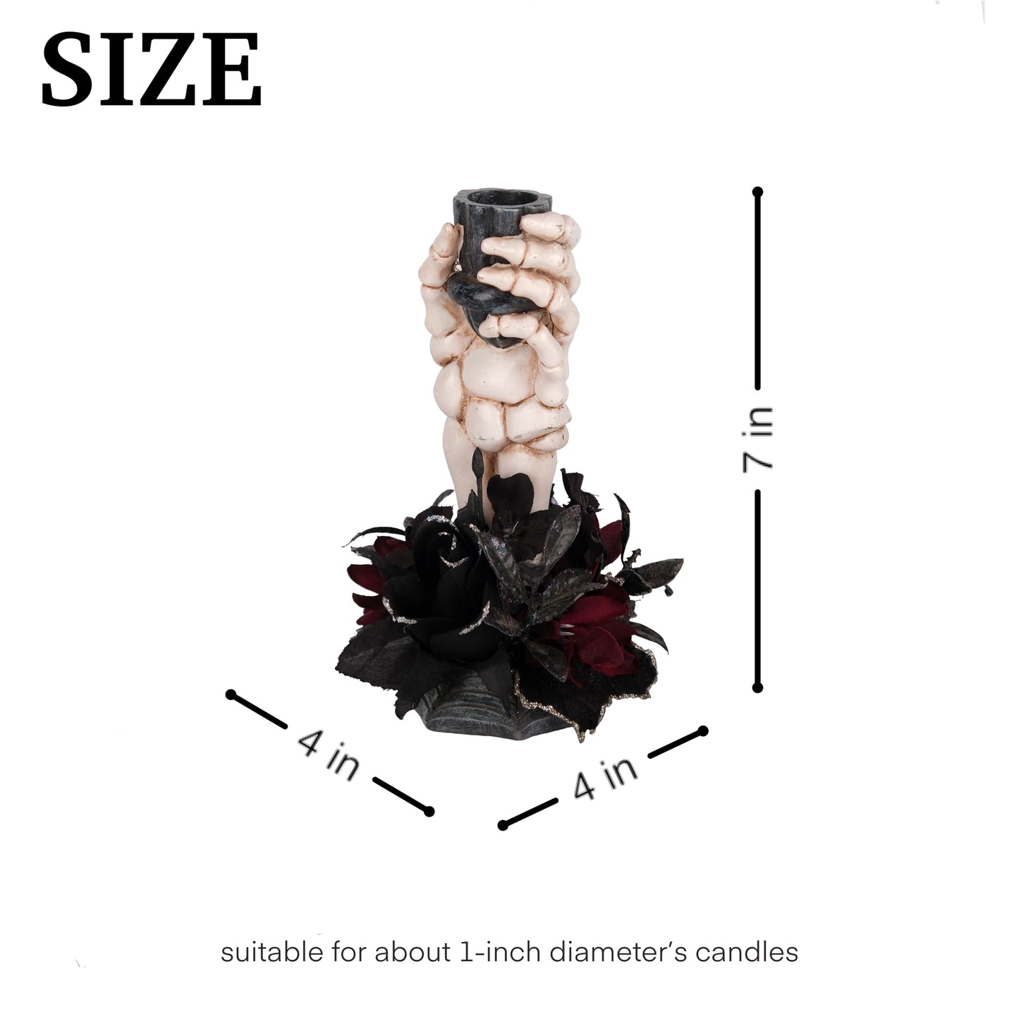 LushNook Halloween Candle Holder, Resin Skeleton Hand Candlestick with Black Faux Flower, Halloween Decor for Home Table, 7" Height"
