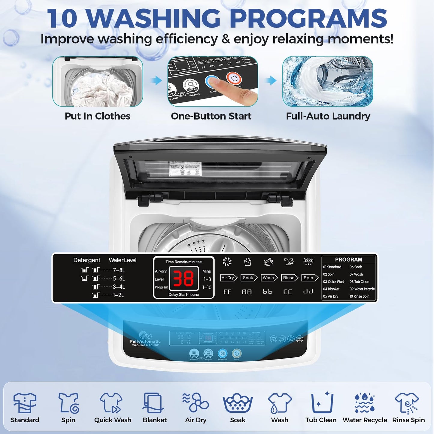Nictemaw Portable Washing Machine 20Lbs Portable Washer Machine with 10 Programs 8 Water Levels, 2.8 Cu.ft Washer and Dryer Combo with Drain Pump, Compact Laundry Machine for Apartments- Glass Cover
