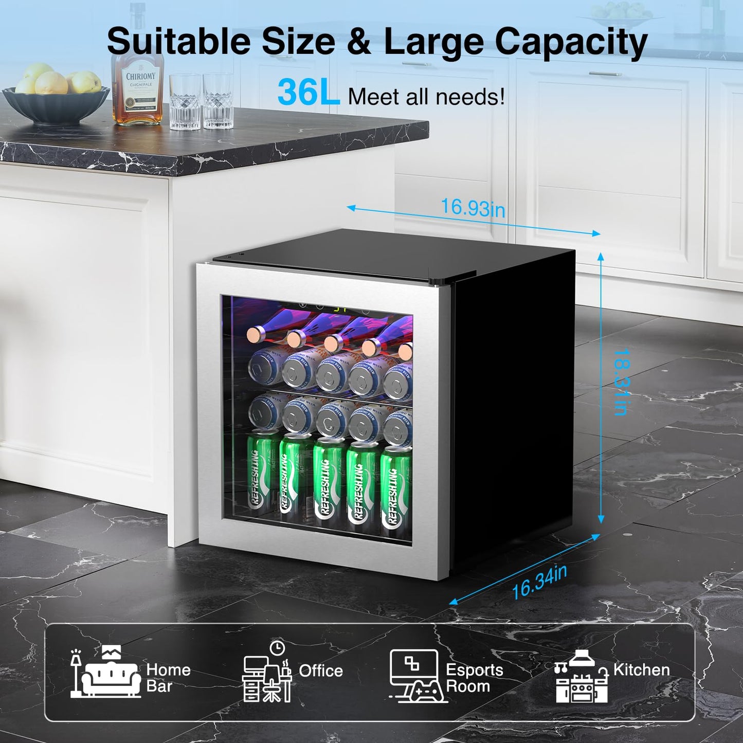 Kismile 50 Can Beverage Refrigerator Cooler 1.3 Cu.Ft Mini Fridge for 12 Bottle,Drink Fridge with Quiet Compressor,LED Light,Electronic Temperature Control for Home/Bar/Office 40-61℉,Silver