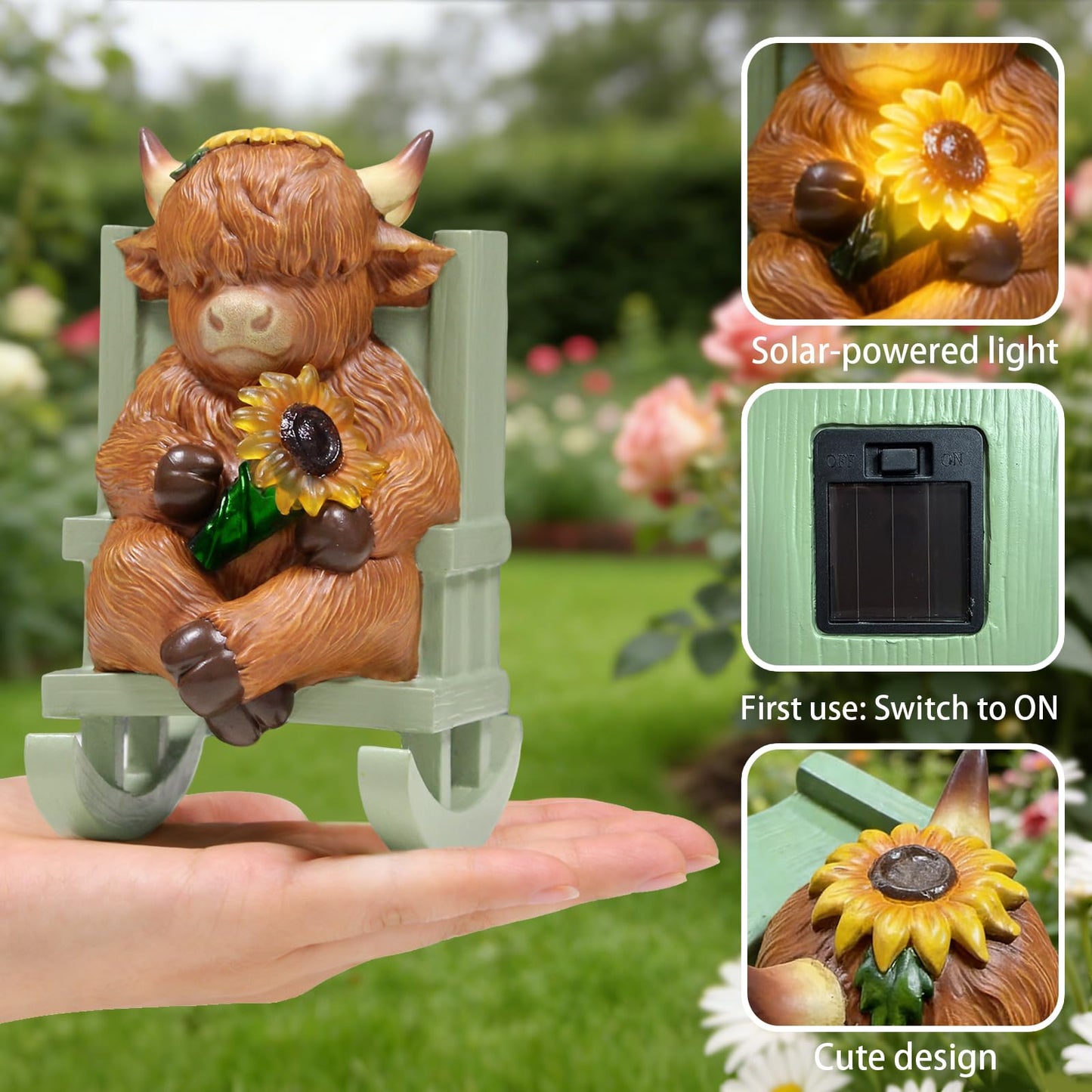 Sheaifun Solar Garden Statues Highland Cow Garden Decor Resin Highland Cow Statue with Light Animal Figurine Outdoor Yard Patio Lawn Decoration Housewarming Gardening Gifts for Women 3.5x5x6.5 in