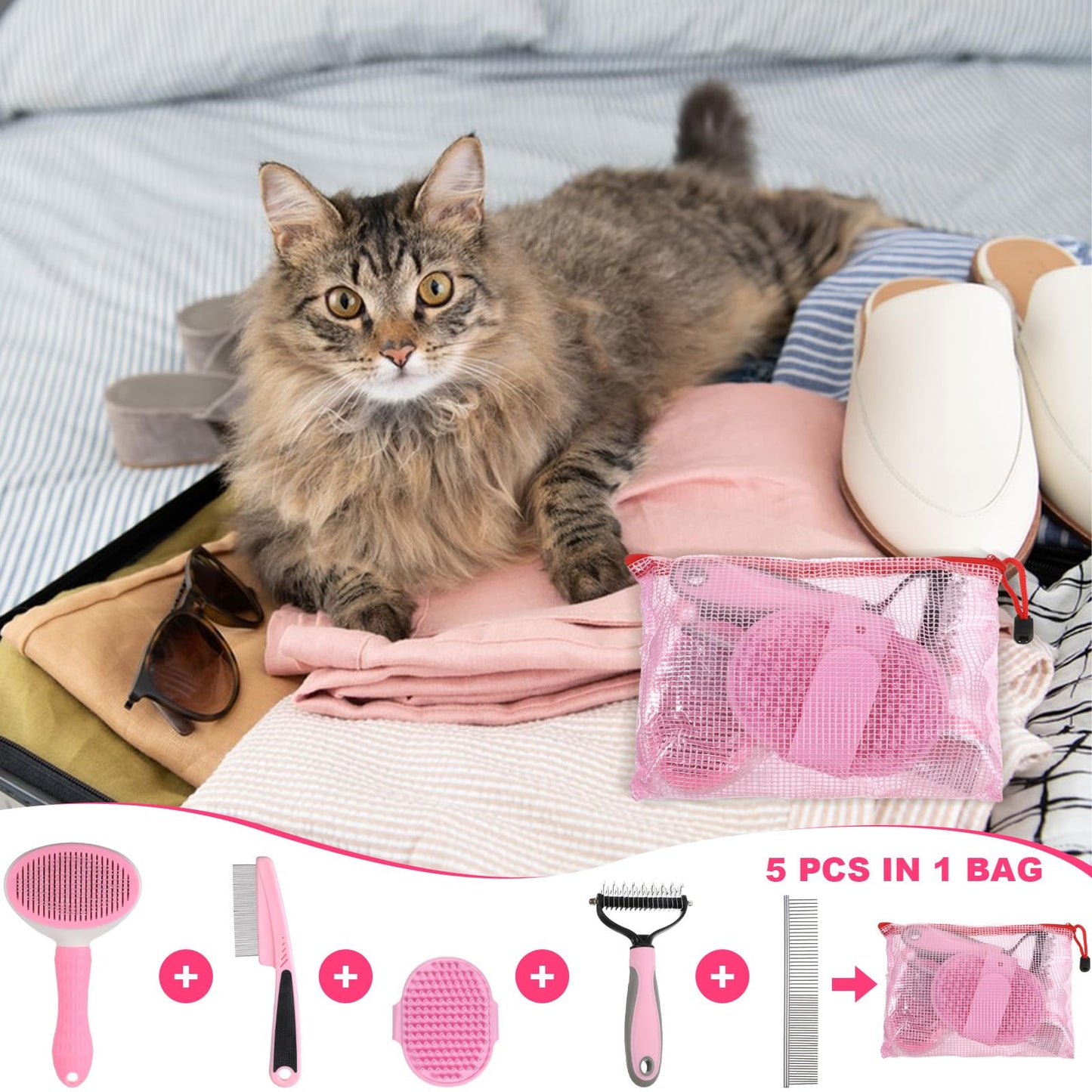 6PCS Dog Grooming Kit, Pet Grooming Kit, Deshedding Brush for Short Hair, Slicker Brush, Flea Comb, Puppy Brush Set in Pink for Dogs, Cats