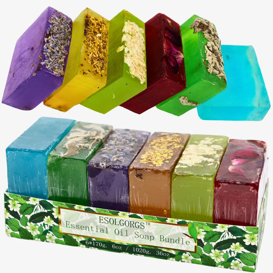 ESOLGORGS Bar Soap Made from Natural Oils 36oz,Plant Based Gift Set, With Premium Essential Oils, Dry Skin, Pack of 6(Rose, Lavender, Jasmine, Osmanthus, Mugwort, Cologne)
