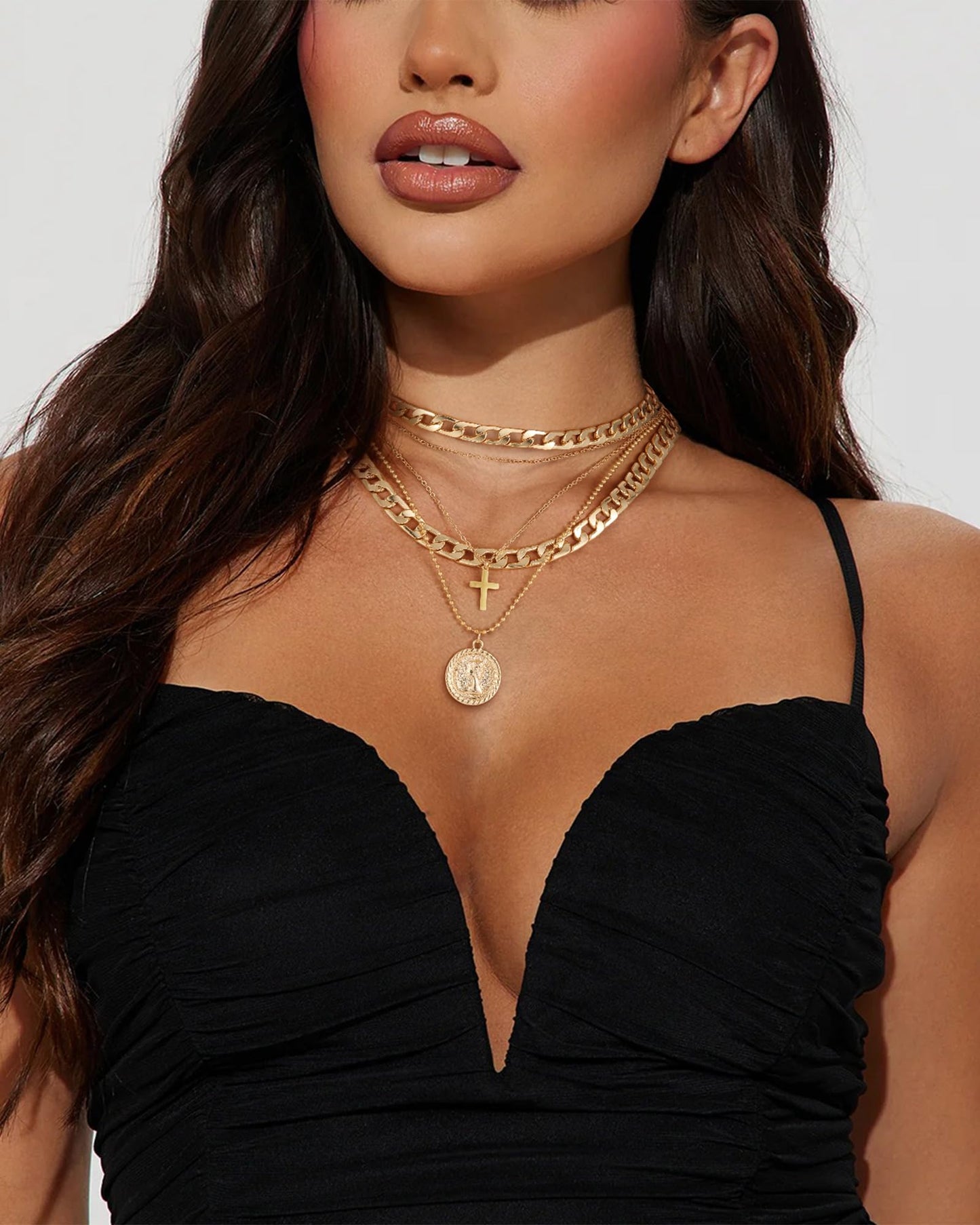 MJartoria Gold Layered Necklaces for Women Trendy Retro Coin Pendant Necklace Dainty Chunky Chain Choker Necklaces for Jewelry Birthday Gifts (Gold, A-Y-Retro Coin-Cross-5 in 1 Layered)