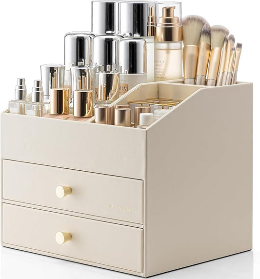 VLANDO Makeup Organizer for Vanity,Large Capacity Bathroom Counter Organizer with Drawers,PU Leather Skin Care Storage for Lipstick,Brushes,Perfumes (Beige)