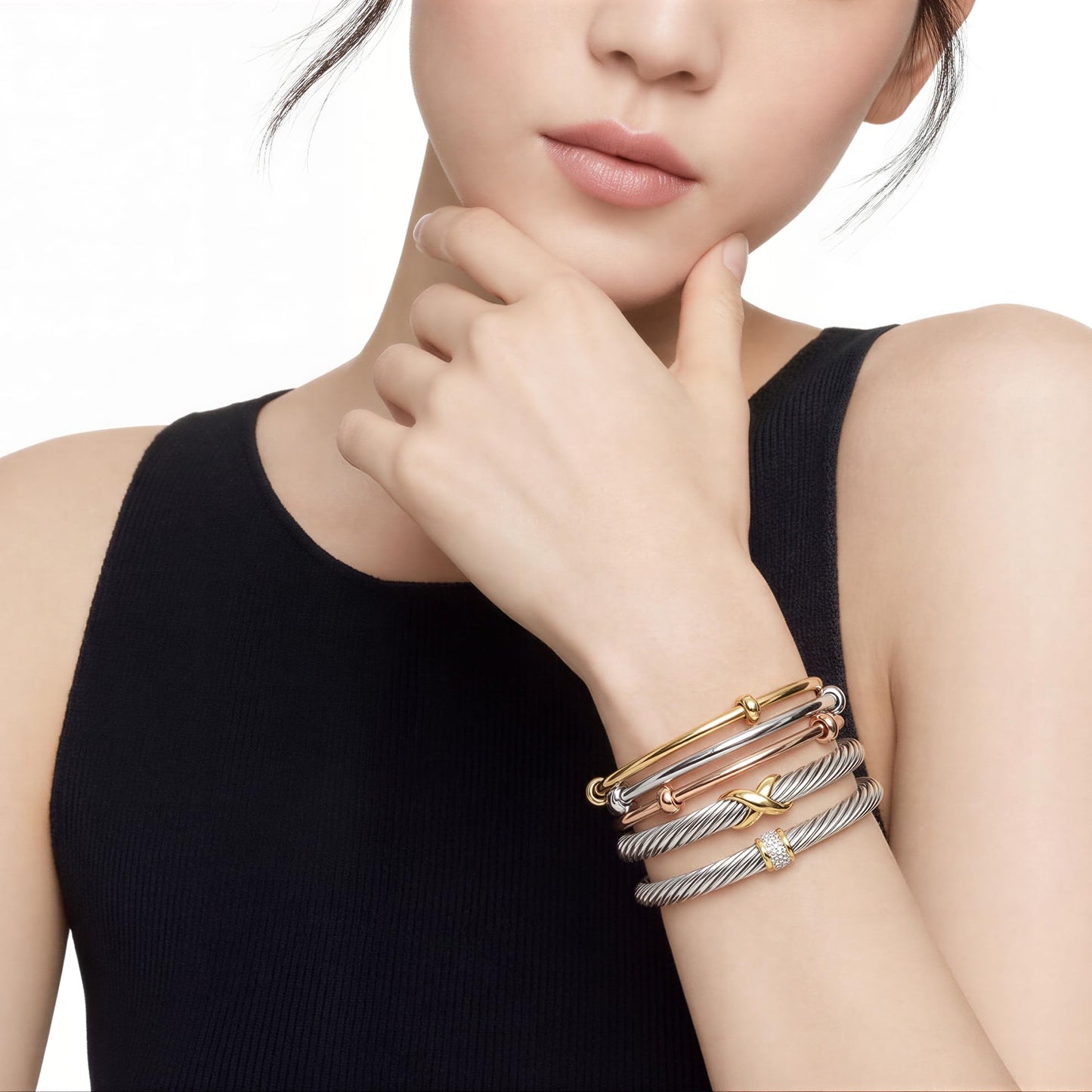 Musishiyu Gold Bracelets for Women Stacking Bangle - 18K Mixed Metal Tri-Color Rolling Interlocking Bands, Cubic Zirconia Fidget Anxiety Jewelry, Perfect Gifts for Mom Wife Grandma
