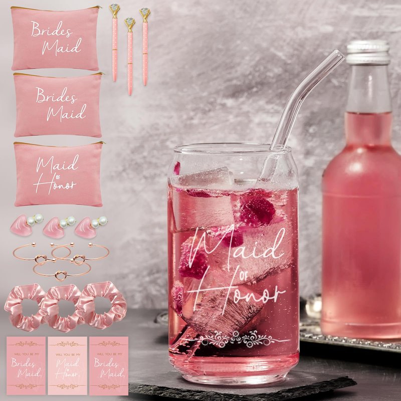 KIKINIKO Bridesmaid Gifts Set of 6 Pink, Total 42 pcs, Bridesmaid Proposal Gifts Contain 16oz Glass Cups Cosmetic Makeup Bags Invited Cards Scrunchies Hair Knotted Bracelets Diamond Pens love clip