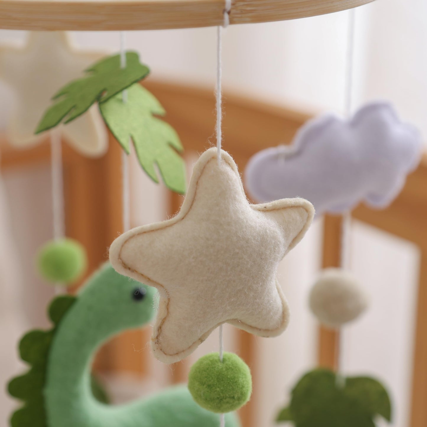 Mobile for Crib – Handmade Dinosaur Jungle Baby Mobile with Leaves & Stars, Baby Mobile for Crib Felt Hanging Toy Nursery Mobiles with Beech Wood Ring, Bassinet Mobile Dino Nursery Decor