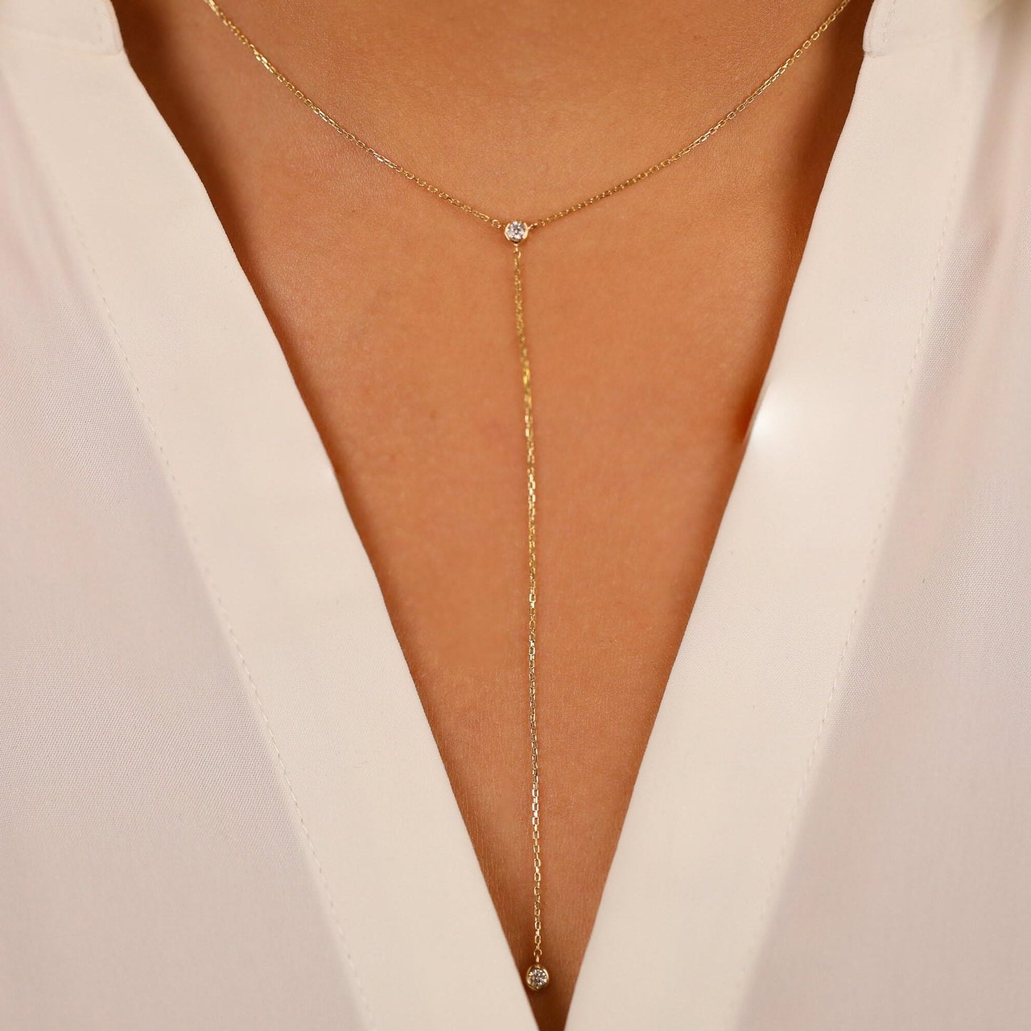 Treasure Bender Lariat Gold Necklace for Women Dainty Long 14k Gold Plated Y-Shaped Body Chain Choker Necklace Zirconia Diamond Pendant Charm Necklaces Non Tarnish Gold Jewelry for Women