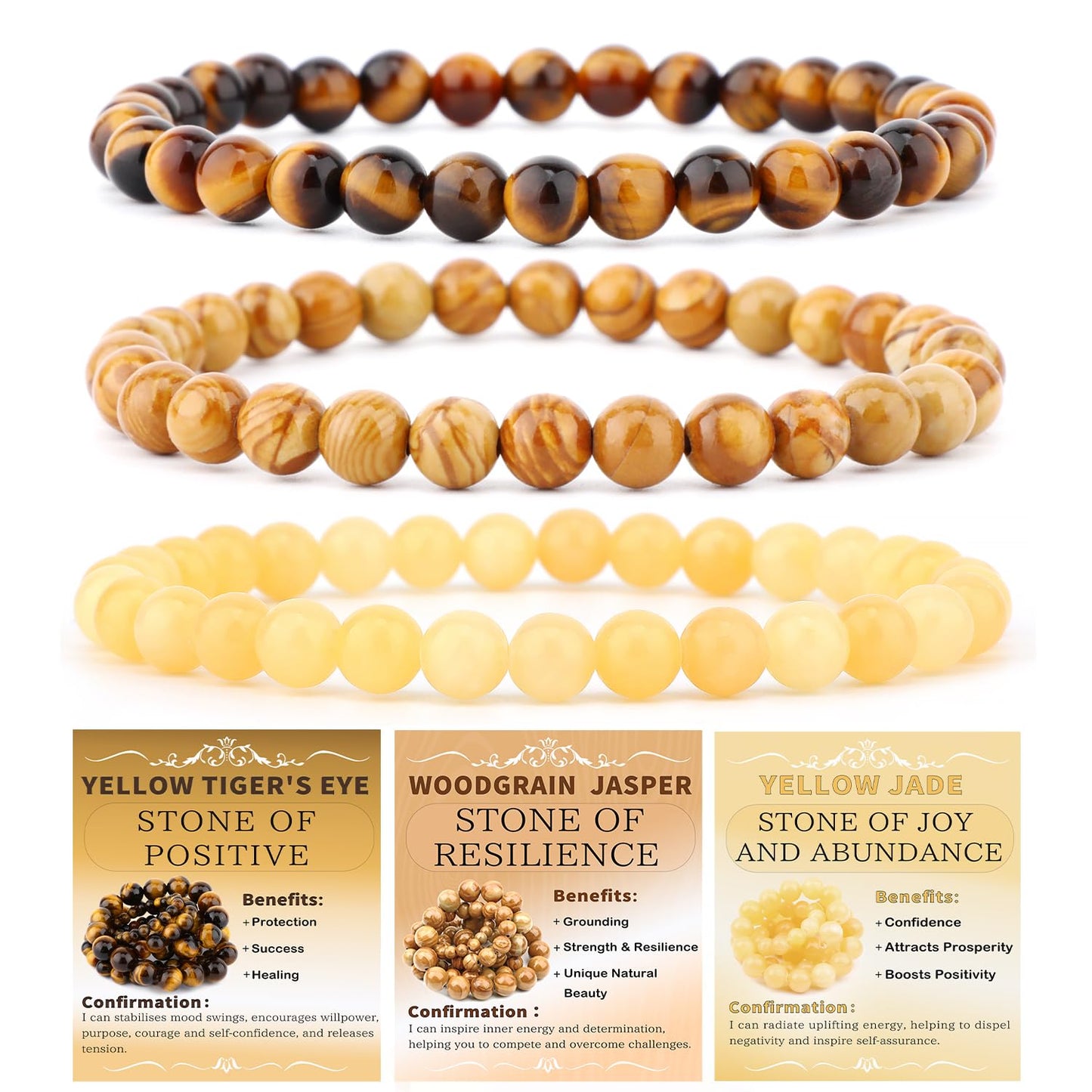 NCB 3-Piece 6mm Natural Crystal Gemstone Stretch Bracelets – ﻿Woodgrain Jasper, Yellow Jade, Yellow Tiger's Eye Handmade Reiki Energy Healing Jewelry for Meditation,Yoga, Unisex
