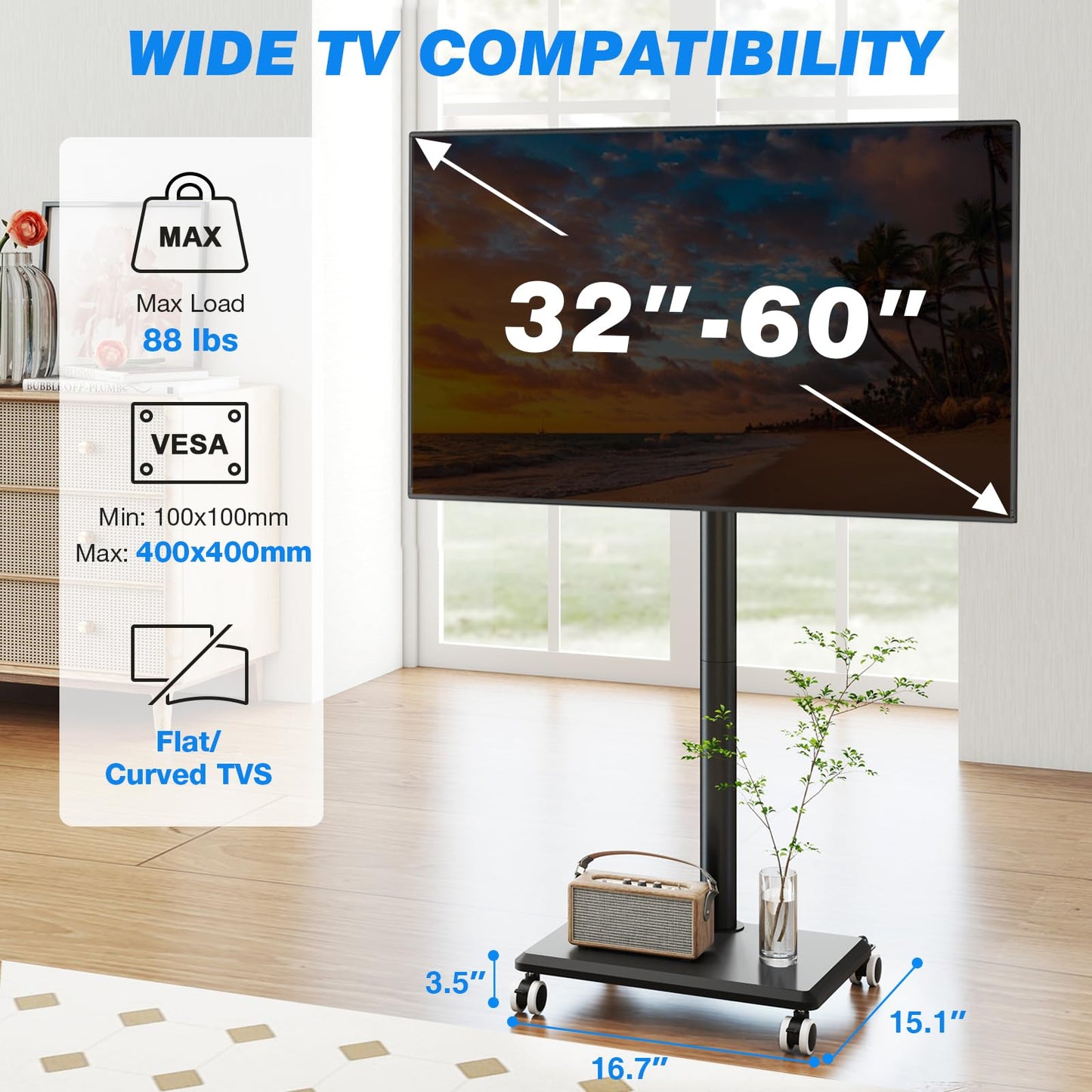 Rfiver Rolling TV Stand for 32 to 55 60 Inch TVs up to 88lbs, Height Adjustable Mobile TV Stand with Wood Base, Space-Saving Design Tall TV Cart Floor Stands for Living Room, Bedroom, Corner
