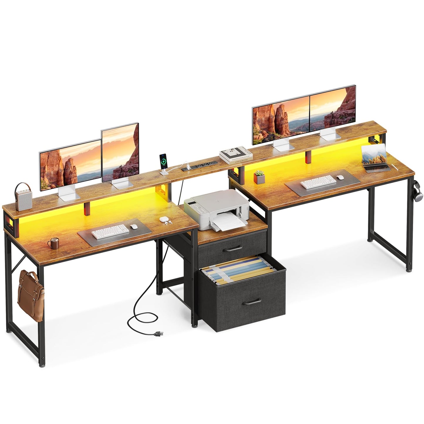 Casaottima 98" 2 Person Computer Desk with Fabric Drawer & File Cabinet, Two Person Long Writing Home Office Desk with Power Outlet & LED Light & Monitor Stand, Storage Shelves, Vintage