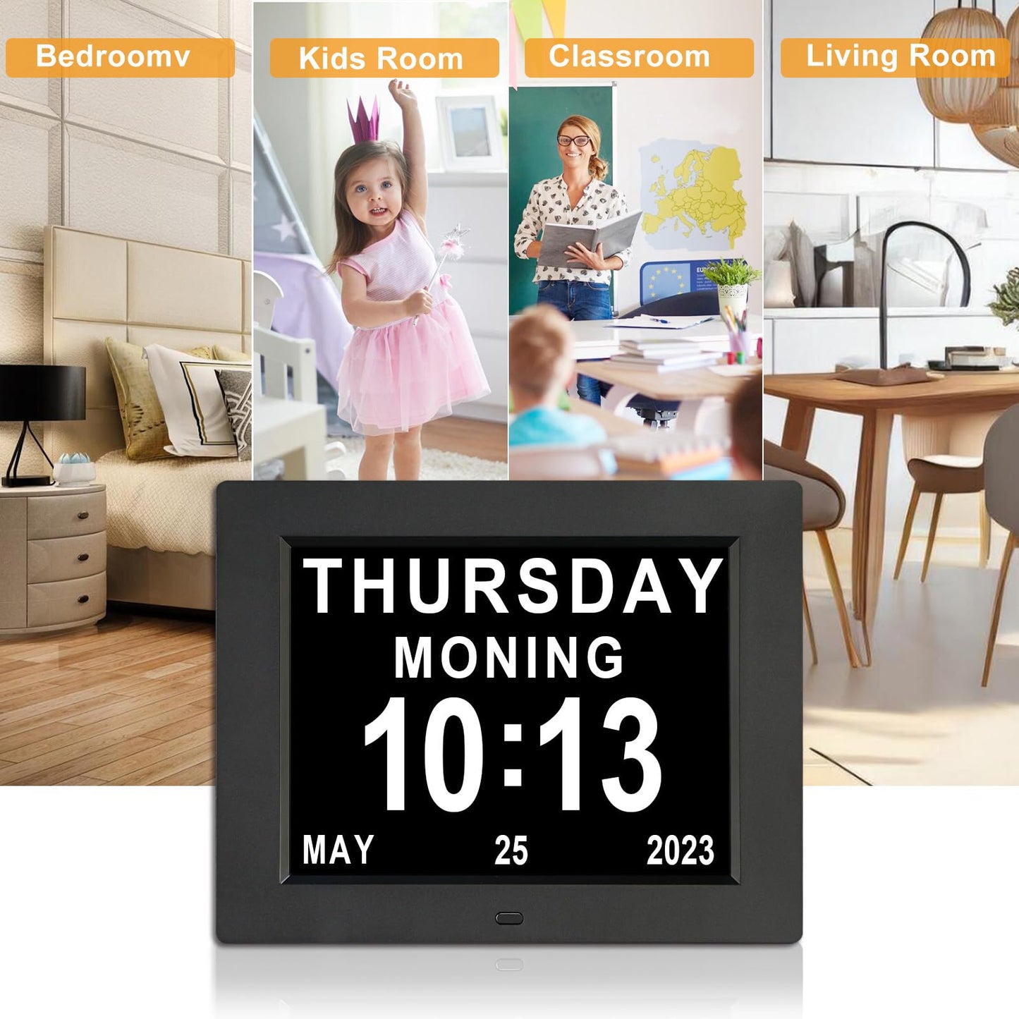 Johnziny 8 Inch Digital Calendar Day Clocks for Seniors-8 Alarms, Auto-Dim, Digital Clock Large Display Date and Day,Dementia Clocks for Seniors,Electronic Calendar with Large Number Black