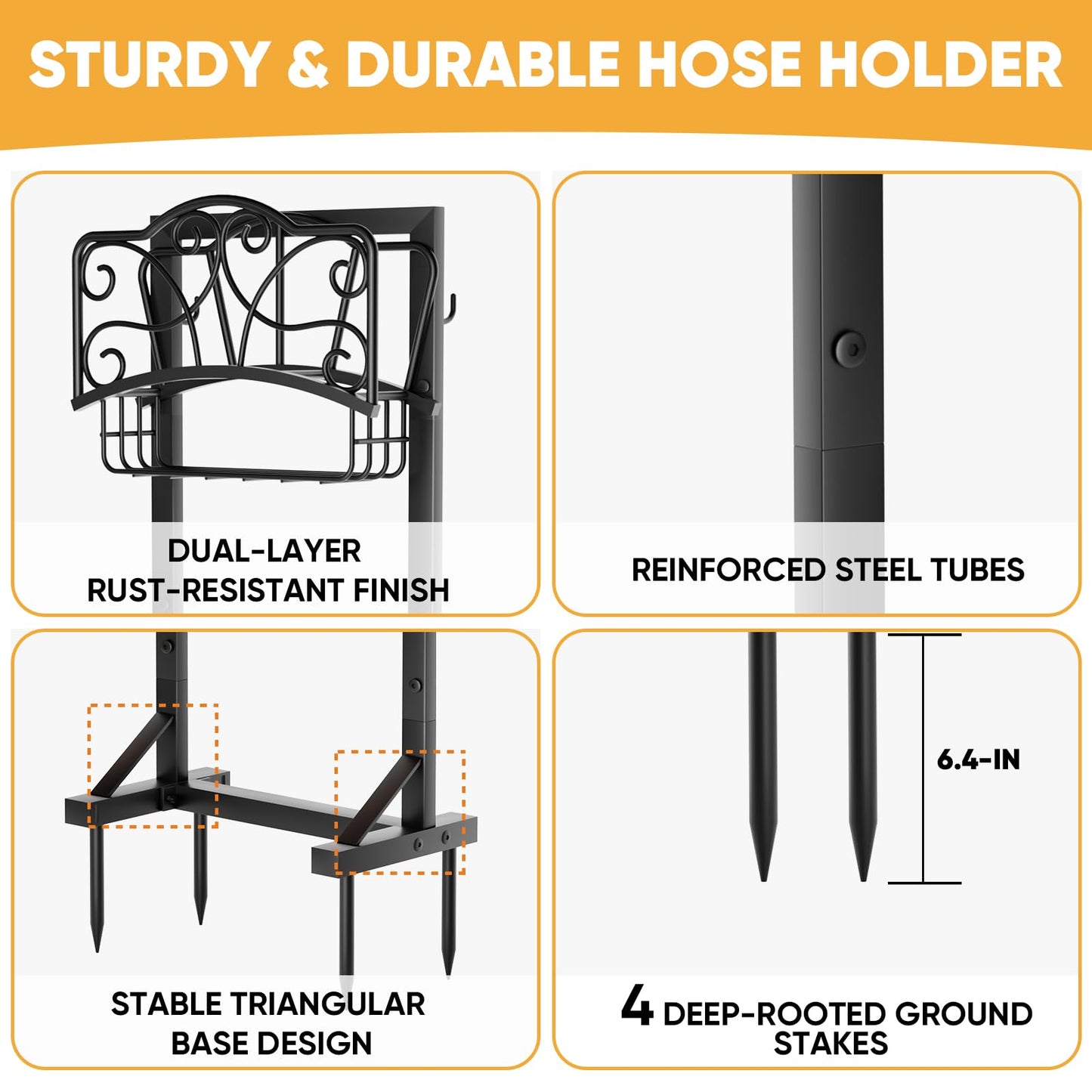 Xeapoms Heavy-Duty Garden Hose Holder with Storage Basket and Tool Hooks, Stable Hose Hanger Metal Garden Hose Storage Holds 160Ft, Rustproof Freestanding Water Hose Holder for Outside,Yard,Lawn,Farm