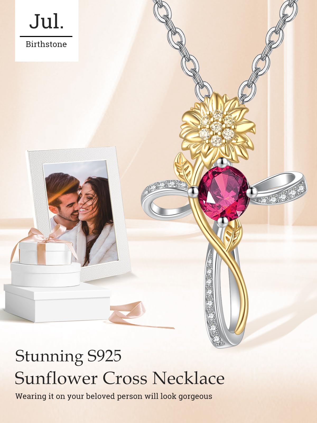 Zeuslia Cross Necklace for Women Sterling Silver Cross Pendant Jewelry with Sunflower Ruby July Birthstone Necklace Christian Religious Baptism First Communion Confirmation Birthday Gifts for Women
