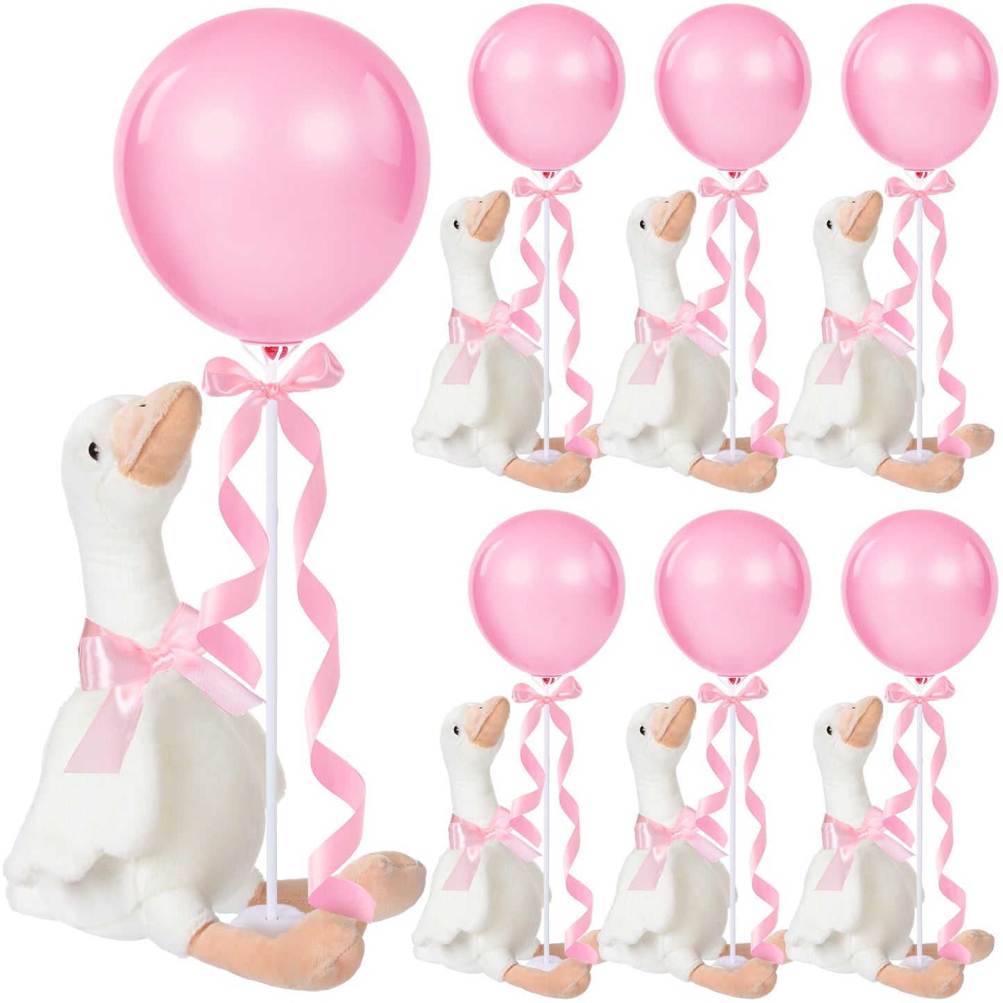 Chunful 6 Sets Pink One Silly Goose 1st Birthday Decoration 11.8 Inch Soft Goose Stuffed Animal Birthday Centerpieces Swan Stuffed Animal with Balloon Table Decor for Gifts