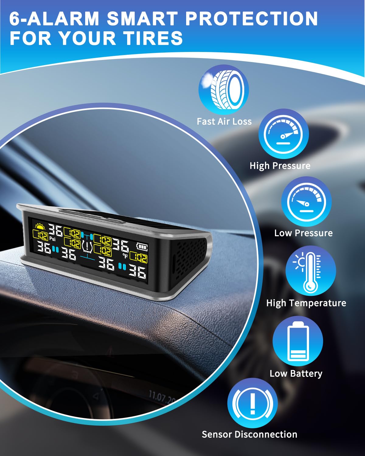 6-Wheel RV Tire Pressure Monitoring System (TPMS) - 6 Sensors & 6 Alarm Modes | 0-144 PSI ±1.5PSI, Solar/USB Charging | for Dually Trucks & Heavy-Duty Trailers